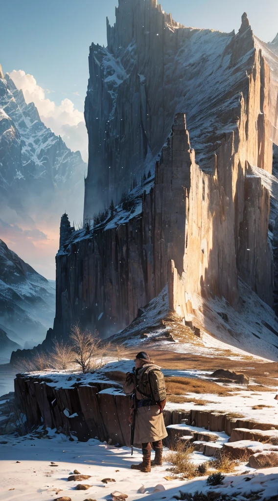 (best quality,4k,8k,highres,masterpiece:1.2),ultra-detailed,(realistic,photorealistic,photo-realistic:1.37),tired traveler in torn clothes, mountains,landscape,natural lighting,detailed texture,weary expression,dusty atmosphere,sheer exhaustion,isolated,loneliness,majestic peaks,breathtaking view,harsh conditions,heavy backpack,swollen feet,desolate terrain,crumbling cliffs,sunken cheeks,faded map,weathered boots,faint hope,cold wind,limited resources,misty clouds,remnants of snow,barren trees,solitary figure,survival instinct,worn-out gear,captivating sunrise,perseverance,hidden trails,endless journey,awe-inspiring nature,battered hat,resolute determination