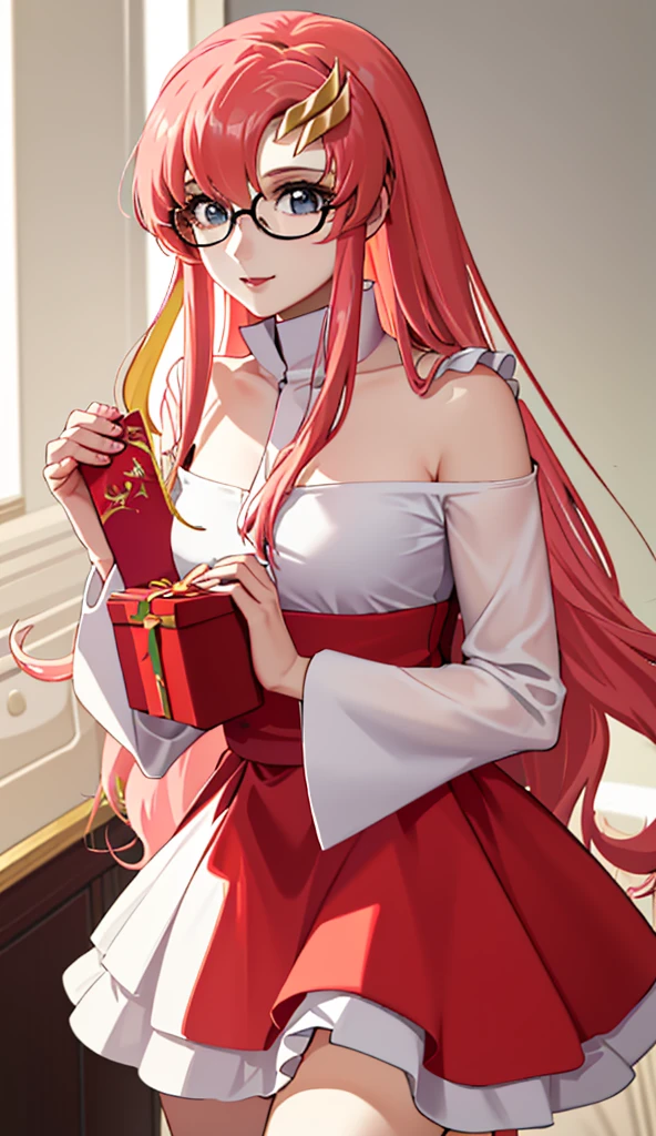 have her dressed as Santa Claus and delivering a gift to the viewer, master piece, melhor qualidade, Altas, anime, Lacus1, 1girl, sozinho, Lacus1, 1girl, sozinho, cabelo rosa, Cabelos lisos, ornamento de cabelo, mangas brancas destacadas, olhos azuis, vestido branco, saia roxa, saia longa, cabelos muito longos, bareshoulders, seios grandes, (Elevador de Saia:1.3), Vagina, mamilo"menina anime, 1 pessoa, cabelos loiros brilhantes, glasses, crown on her head, camisa de papai noel, terno de papai noel, terno de inverno, roupa de inverno, vestido vermelho, seios grandes, Meias, standingn, pernas cruzadas, perspectiva do personagem, nevada, Natal gift box, Natal, sozinho, (Full HD 4K+ imagem)"1girl em、um sorriso、Natal、Vestido com fantasia de Papai Noel、