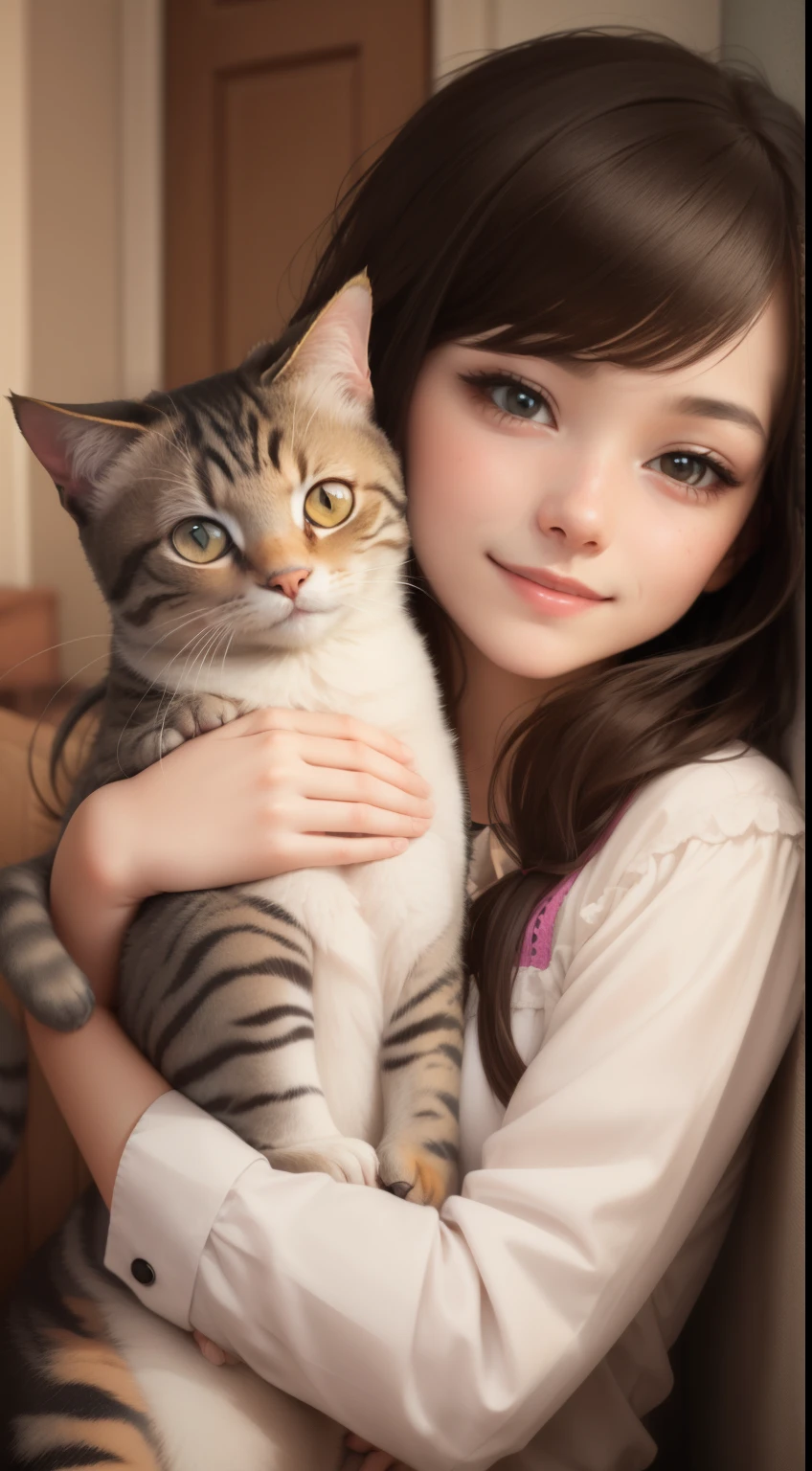 girl hugging a cat, smillng, normal fingers