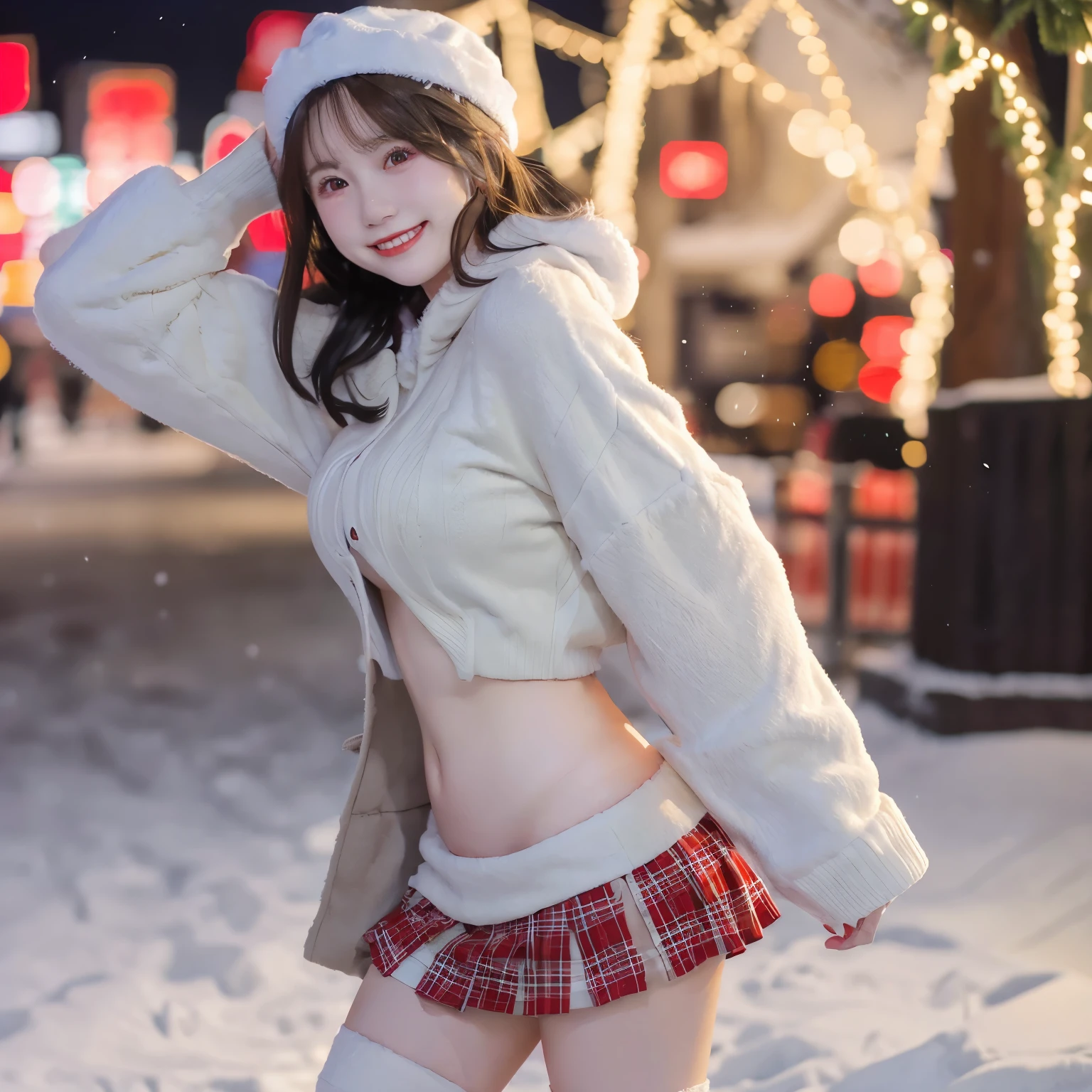 one santa girl, santa hat, red short coat, very very short red skirt, white shorts, no pants, white bra, stripped big bust, strippedbig hip, street, snow, covered snow , cute smile, backside, look back, half open mouth, short  light  gray hair, foreign country, illuminations, Christmas tree, night