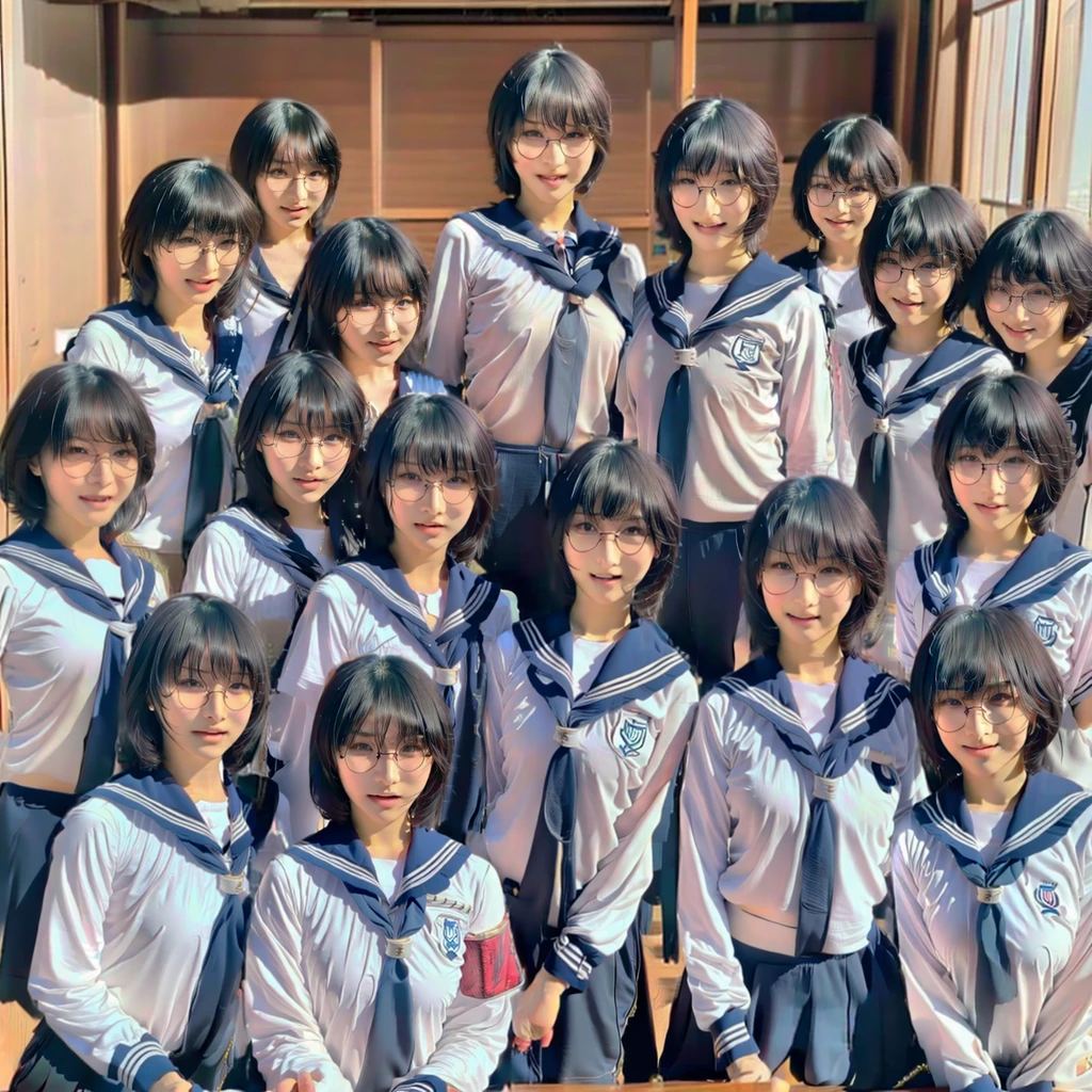 Raw photo、(((multiple girls))),((((6+girls)))),((((100girls)))),(((1000girls)))、((((100 Girls))))、Women only、The same face、((matching sailor suit))、(((chiquita)))、6years old、A dark-haired、100 cute girls、a smile、inside a classroom、selfee、same person、(((Large group)))、elementary student