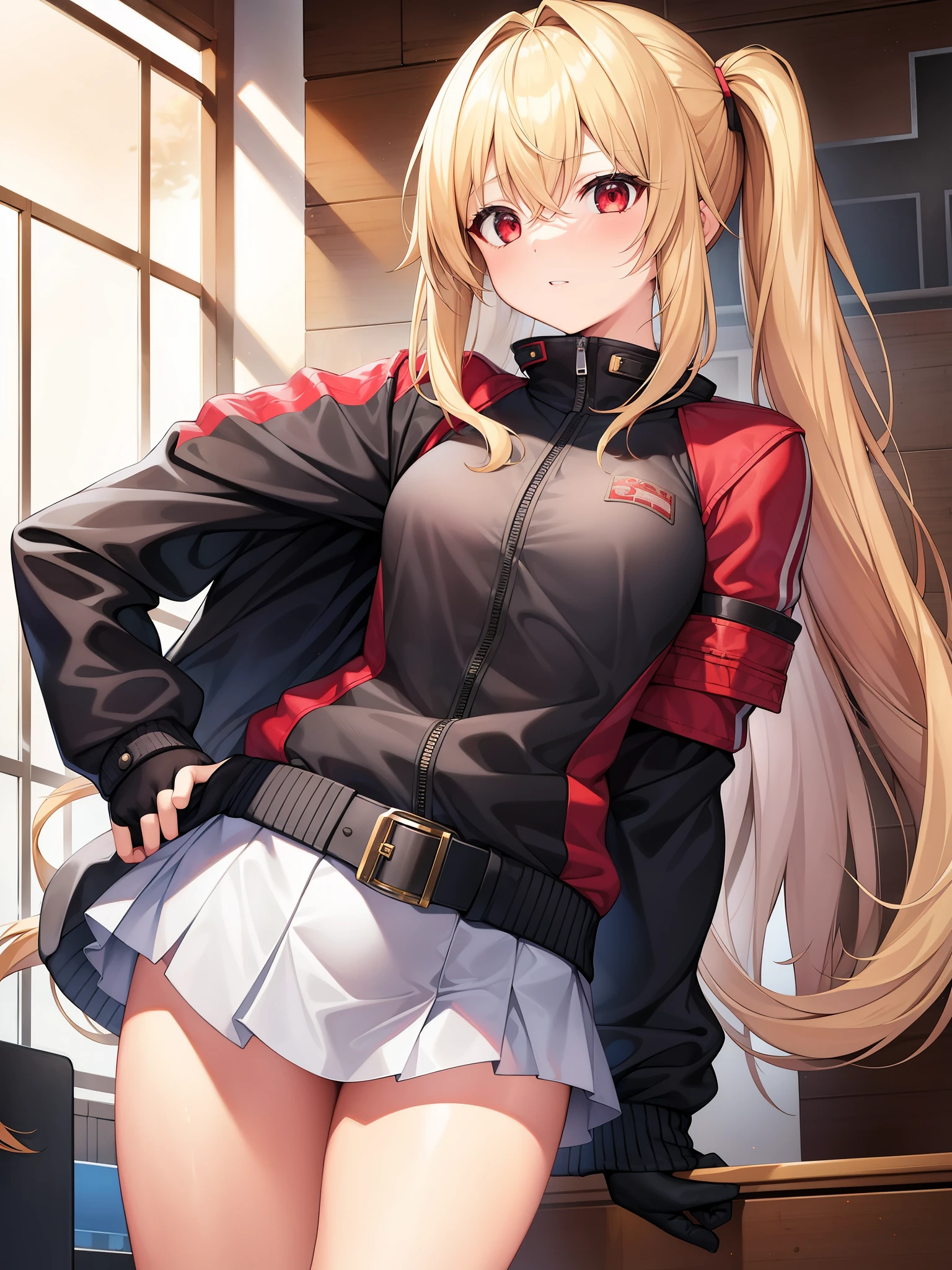 girl with、female high-school student、Small breasts、Wearing a rider's jacket、blondehair、Red Eyes、poneyTail、gloves