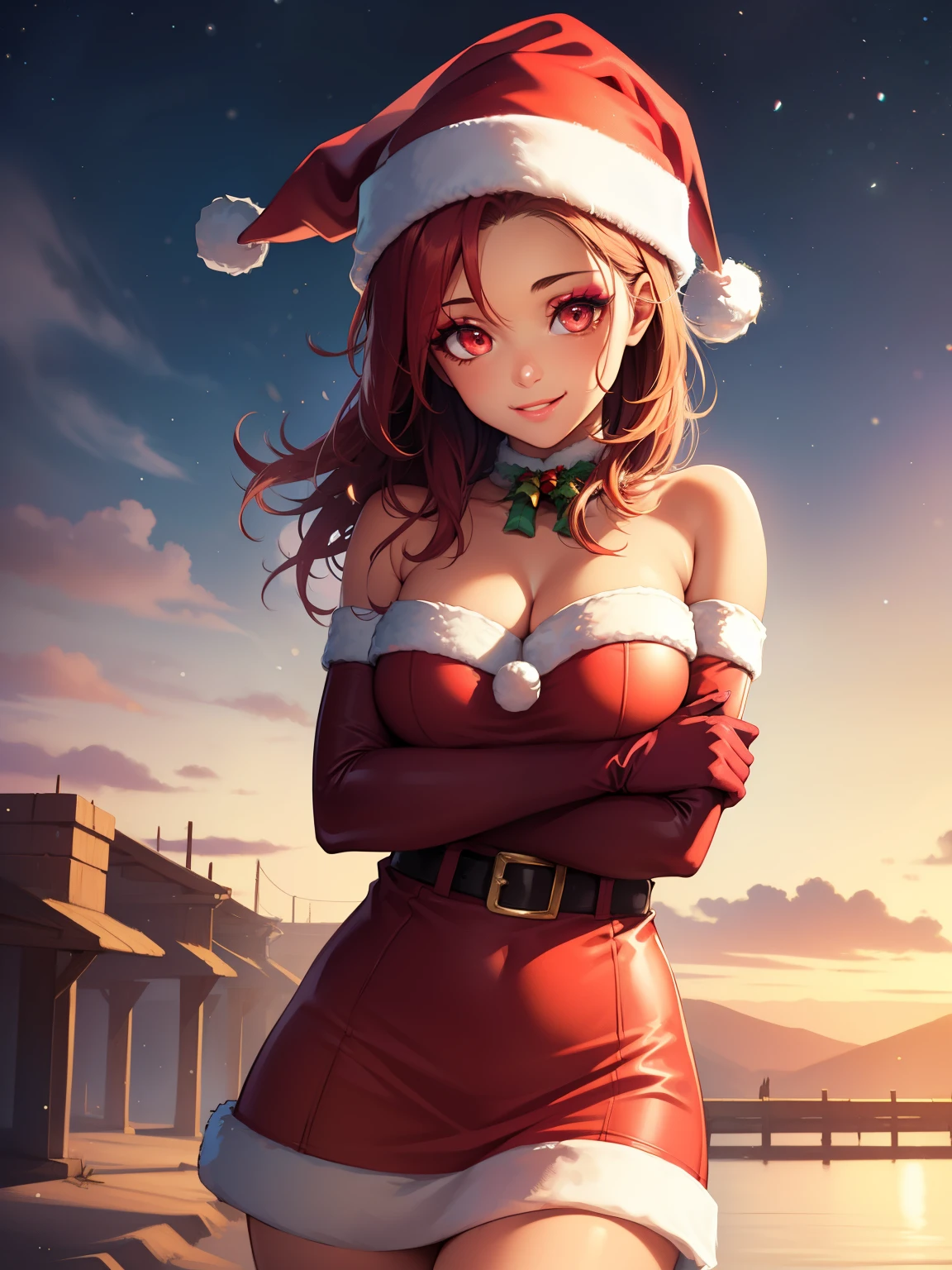 1girl, solo, masterpiece, best quality, high res, highly detailed, (illustration), beautiful detailed eyes, defHapi, red eyes ,glossy lips, makeup, smile, long white elbow gloves, cowboy shot, (santa), red santa dress, santa hat, strapless dress