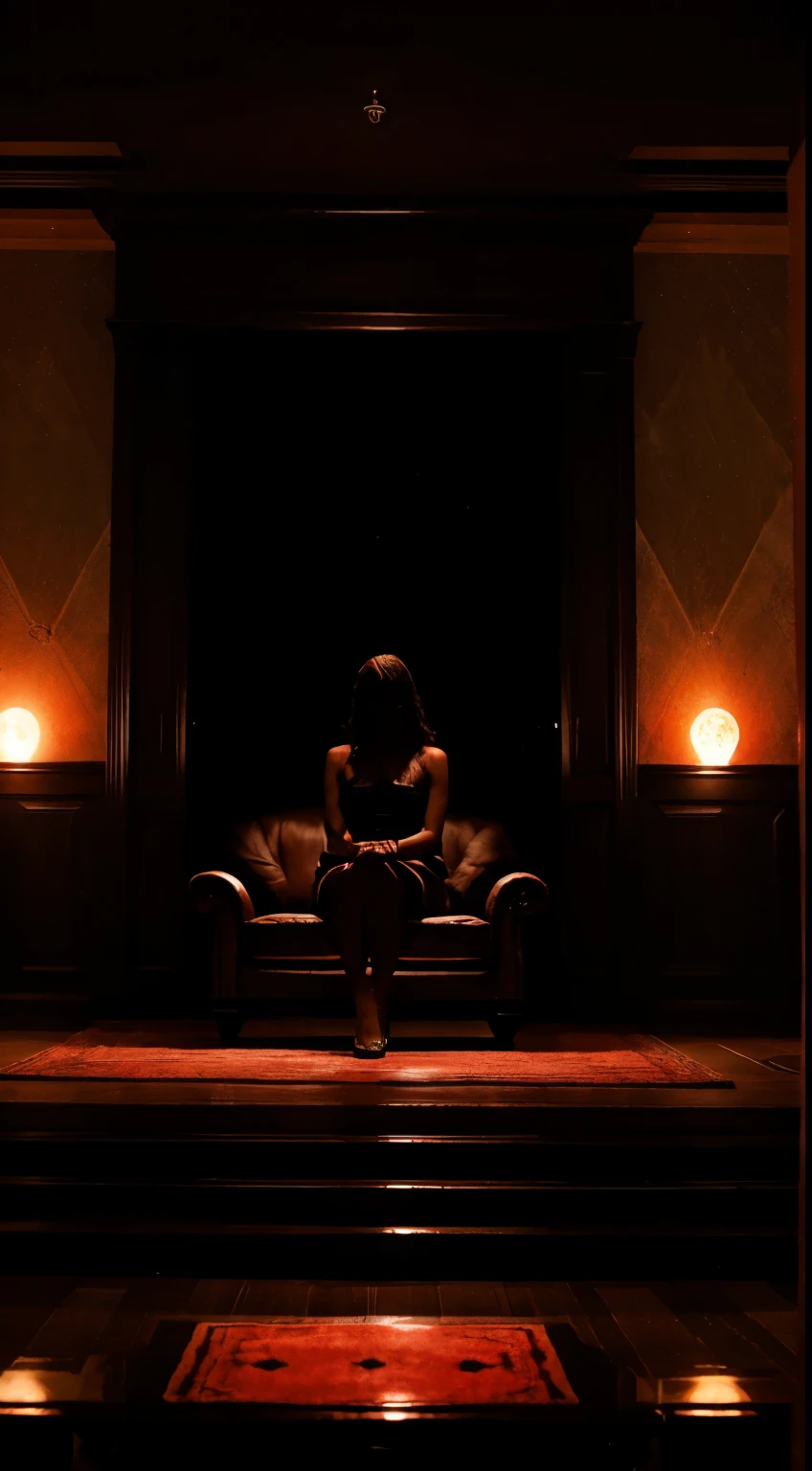 low angle shot, wide angle shot, on a black stage, a Colombian model, sitting on a chair and doing the Flashdance Chair Pose, wearing a red body, interior, water cascade down her glistening skin, somber expression, face turned upwards, Flashdance movie aesthetic, silhouette, blacklight, snoot light from behind, silhouette, shot on a Kodak M35 camera, 35mm, s style raw, 8k, 4k, black background ((silhouette))