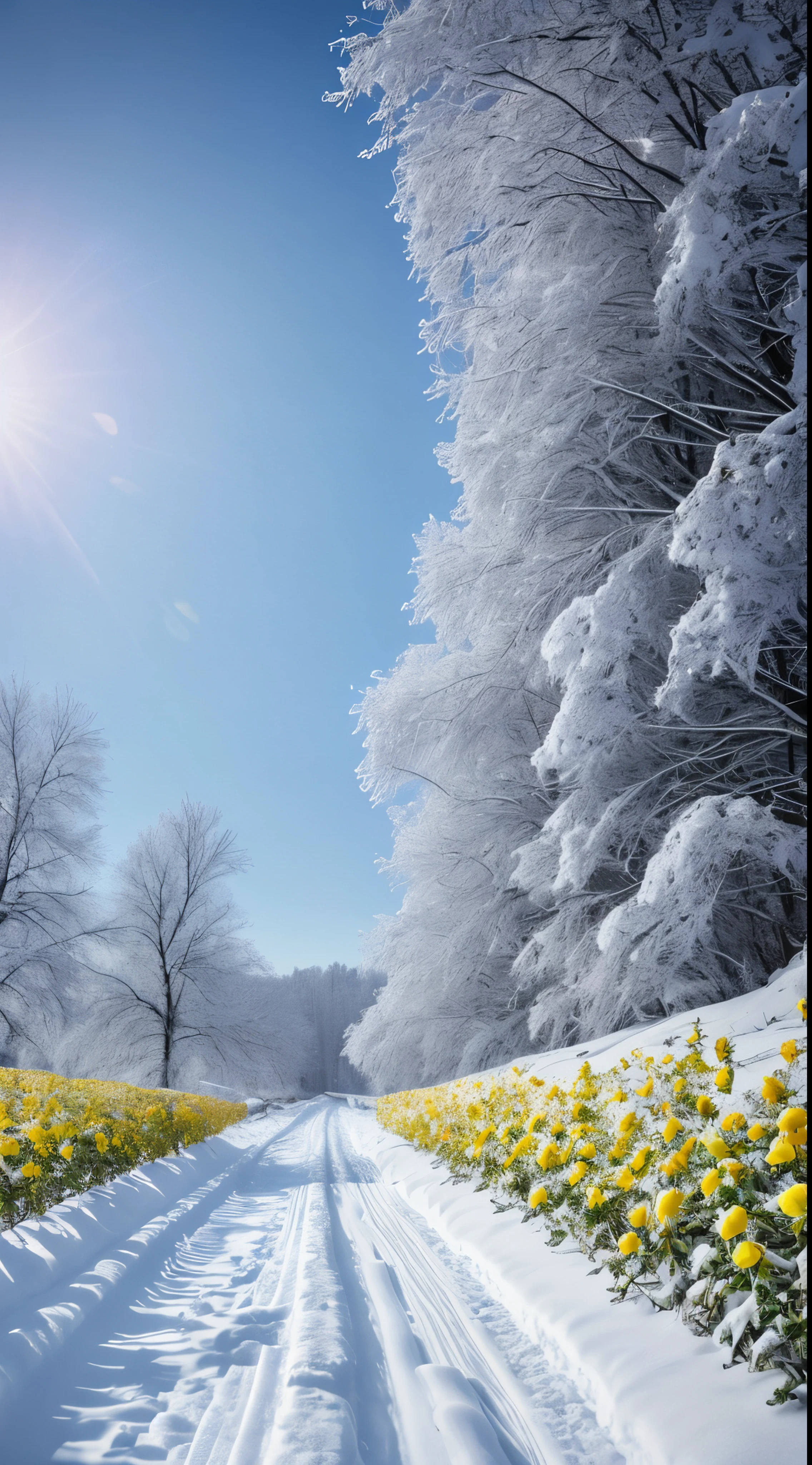 In the snowy fields,Yellow roses are covered in dust and snow, roses in cinematic light, beautiful snowy landscape, beautiful composition 3 - d 4 k, beautiful winter area, warm beautiful scene, winter setting, Gentle snow, very beautiful photograph of, Winter in the snow, Beautiful nature, beautiful digital art, no human