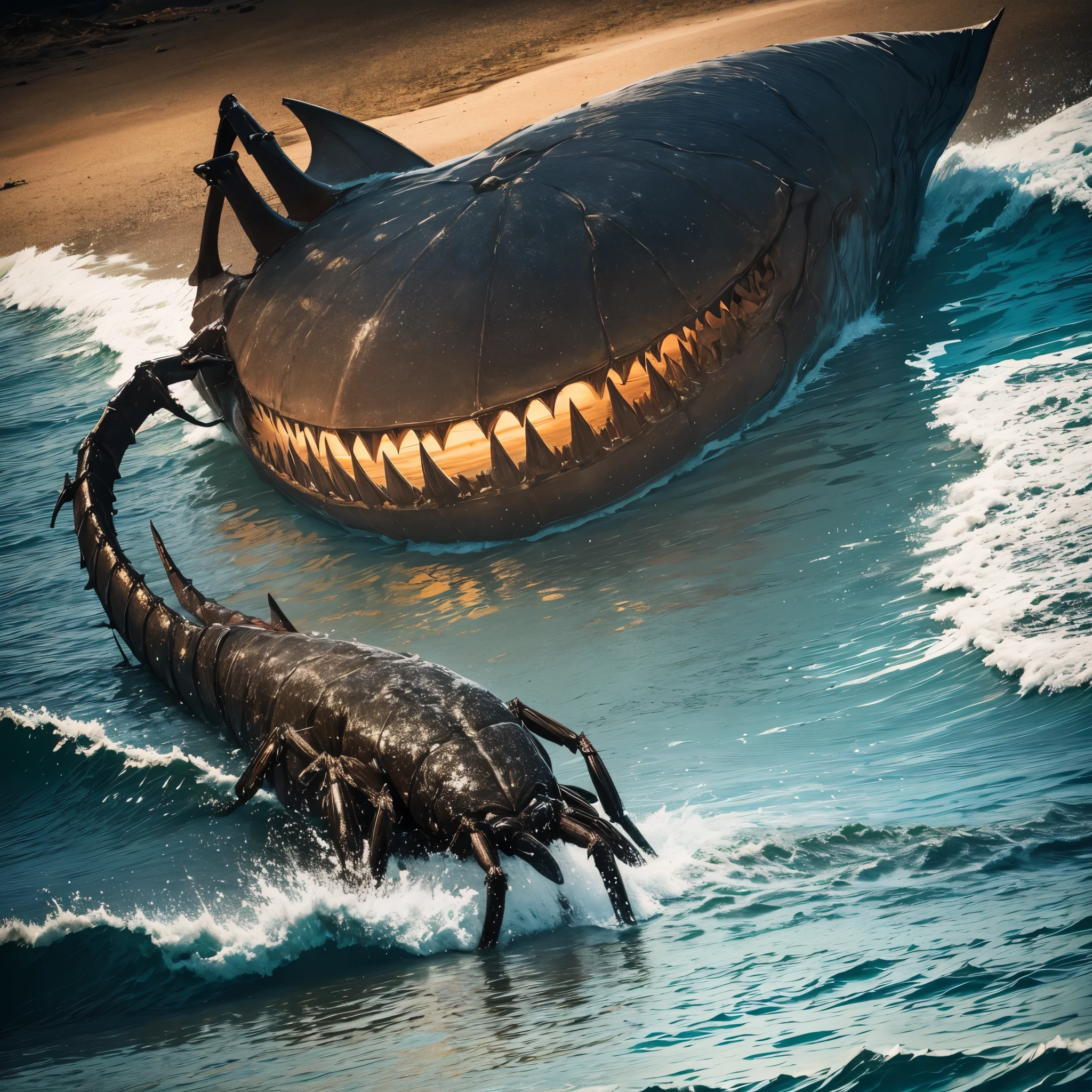 (best quality,highres,realistic),creepy creature, fish-like body, bug eyes, huge mouth with jagged teeth, spider legs, prowling the beach at night, hunting for food, eerie atmosphere, moonlit scene, dark shadows, sinister presence, surreal creature, grotesque features, detailed scales and fins, sharp and menacing teeth, glowing eyes, eerie moonlight casting haunting shadows, mysterious and unknown creature, beach setting, quiet and still night, waves crashing on the shore, horror ambiance