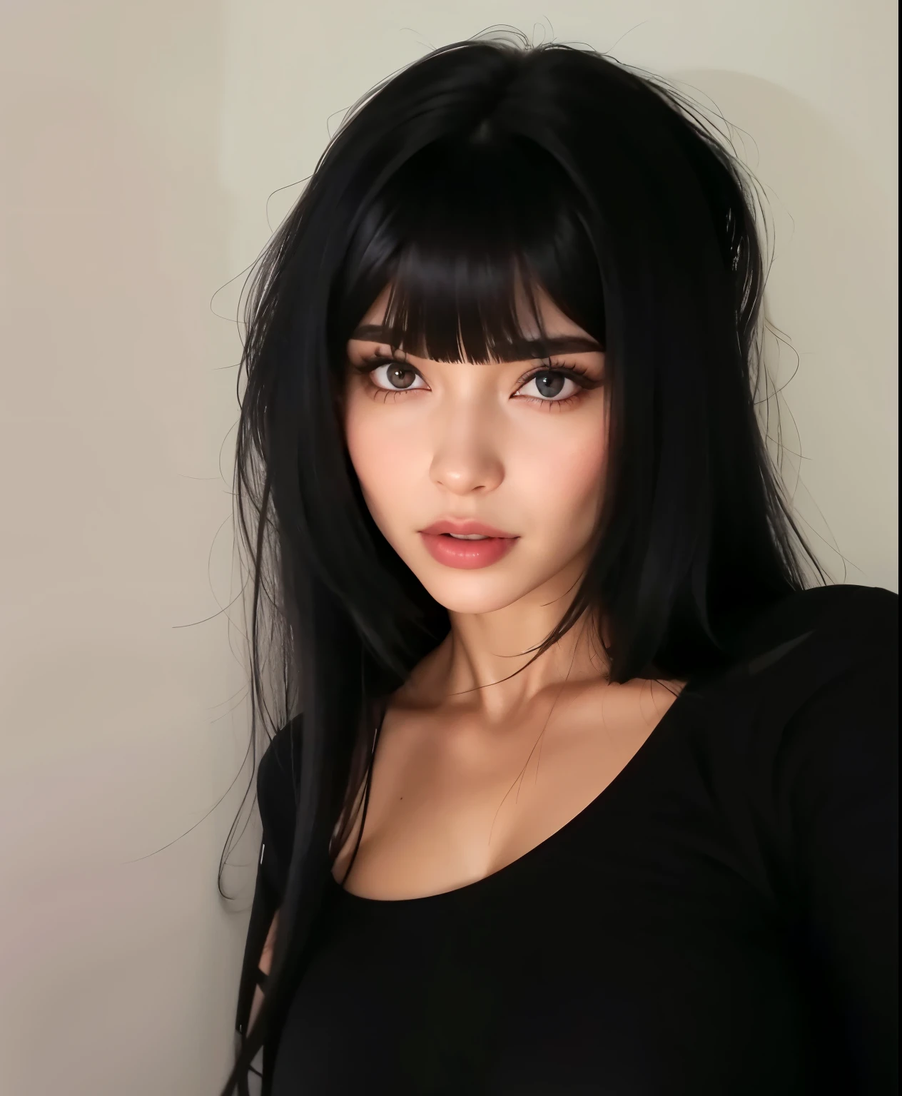 um close up de uma mulher com longos cabelos pretos e um top preto, cabelo preto longo com franja, cabelos pretos e olhos grandes, Ela tem cabelo preto com franja, com cabelo preto, cabelos escuros longos com franja, Menina na vida real, cabelo preto rosto bonito, franja preta, com cabelo preto liso, cabelos pretos e olhos castanhos