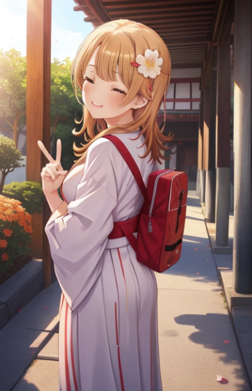 masutepiece, High quality, Best Quality, High resolution, 4K, High Definition, Beautiful lighting,Highly detailed face, well-drawn hands, well-drawn legs,well-drawn feet,well-drawn eyes,1girl in, iroha, Brown hair, The long-haired， hair tied back，flower hair ornament，yellow kimono，Furisode，long  skirt，Zouri，shrines，Sunrise，Standing, Smiling , red lines under eyes, holding school bag in one hand, one eye closed, girl peace pose, girl peace sign, (((from the front side))) , Bending down, huge tit, medium ass,