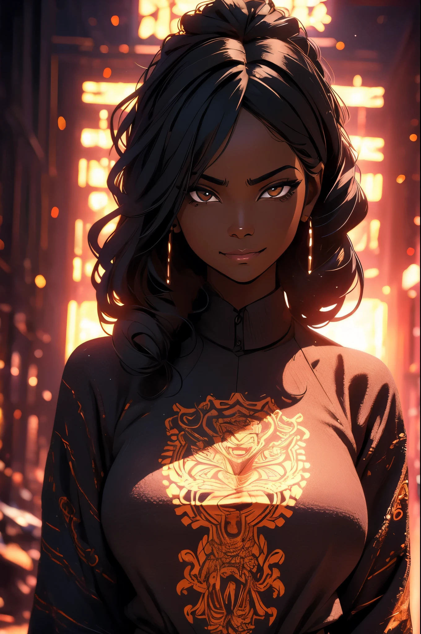 (super detail), high details, high quality, 8k, (masterpiece), best quality, dark skin, black woman, symmetrical, black hair, perfect face, intricate hair, side hair loop on top of head, black shirt, mommy dom, smug smile, intimidating, cold, great shading, mysterious figure.