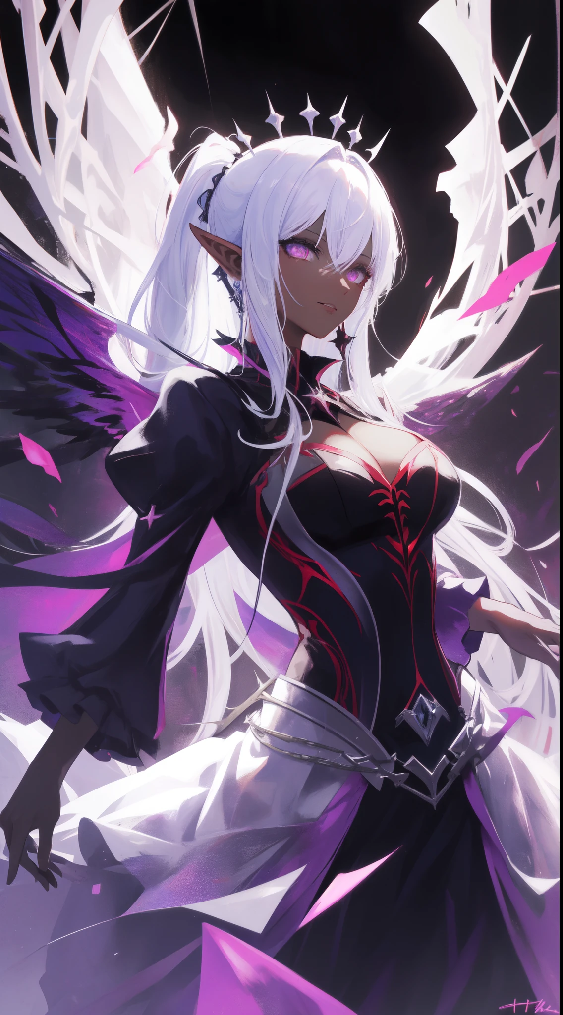 ((masterpiece, best quality)), official art, unity 8k wallpaper, ultra detailed, Amazing dark elf, Dark Angel, mystical aura, ((Obsidian black wings)), flowinggown, deep Purple, Motifs inspired by the occult, ((Crown of thorns)), Poisonous nightshade, balls of fire, Dynamic pose, Darkness shrouded, High detail resolution, Mysterious rituals, Dark atmosphere, r1ge, Crazy nothingness, Glowing eyes, Multiple eyes, Horror (Theme), BREAK, highly detailed of (dark elf), (1girl), solo, perfect face, details eye, ponytail, Blunt bangs, (hair between eye), white hair, violet eyes, fantasy art by Artgerm, by Kawacy, by Wadim kashin,BREAK, eyelashes, eyeshadow, pink eyeshadow, (dark skin:1.2), glaring, Mysterious smile, medium breast, BREAK, extremely detailed, dynamic angle, (( moonlight)), Mystic energy, Mysterious rituals, ((Dark atmosphere)),