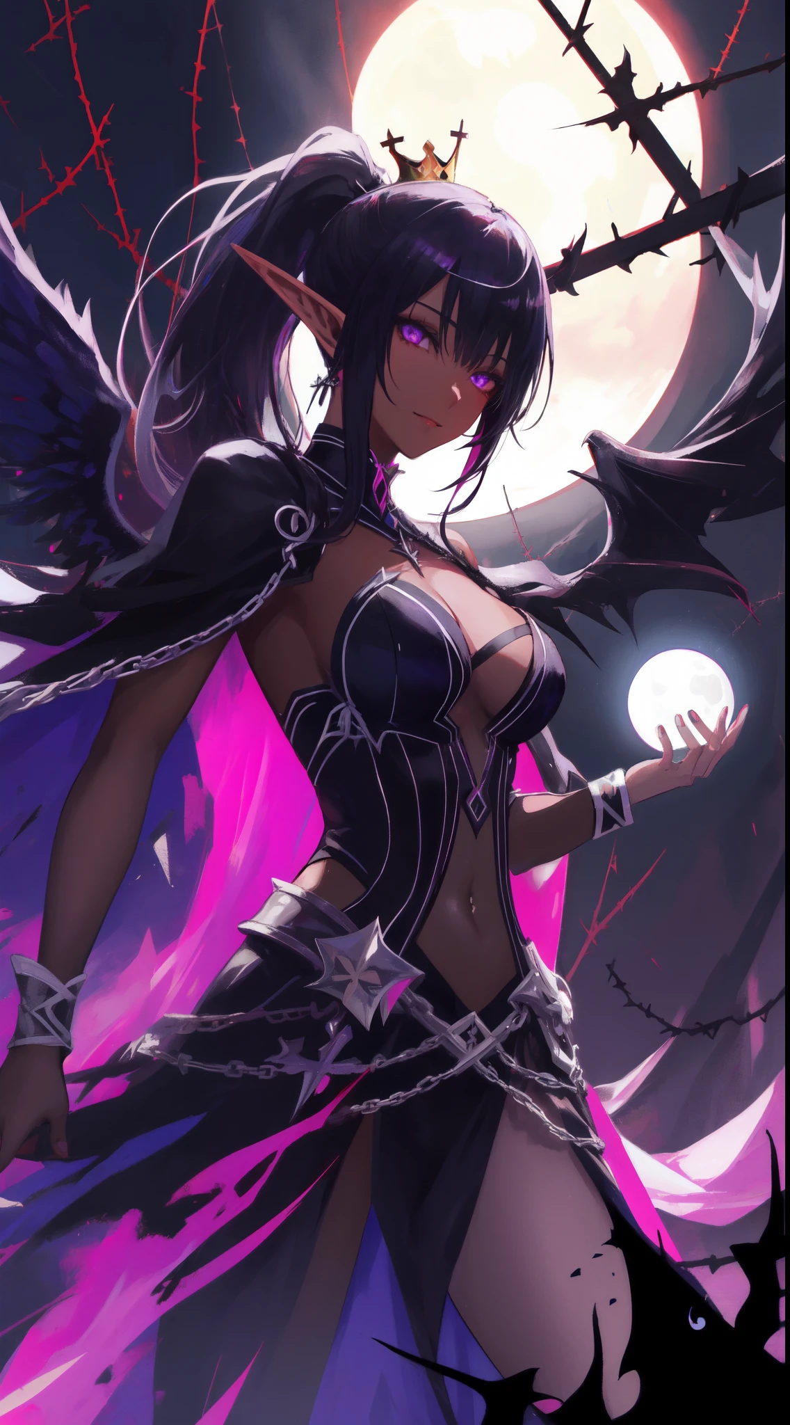 ((masterpiece, best quality)), official art, unity 8k wallpaper, ultra detailed, Amazing dark elf, Dark Angel, mystical aura, ((Obsidian black wings)), flowinggown, deep Purple, Motifs inspired by the occult, ((Crown of thorns)), Poisonous nightshade,  balls of fire, Dynamic pose, Darkness shrouded, High detail resolution, Mysterious rituals, Dark atmosphere, r1ge, Crazy nothingness, Glowing eyes, Multiple eyes, Horror (Theme), BREAK, highly detailed of (dark elf), (1girl), solo, perfect face, details eye, ponytail, Blunt bangs, (hair between eye), white hair, violet eyes, fantasy art by Artgerm, by Kawacy, by Wadim kashin,BREAK, eyelashes, eyeshadow, pink eyeshadow, (dark skin:1.2), glaring, Mysterious smile, medium breast, BREAK, extremely detailed, dynamic angle, (( moonlight)), Mystic energy, Mysterious rituals, ((Dark atmosphere)),