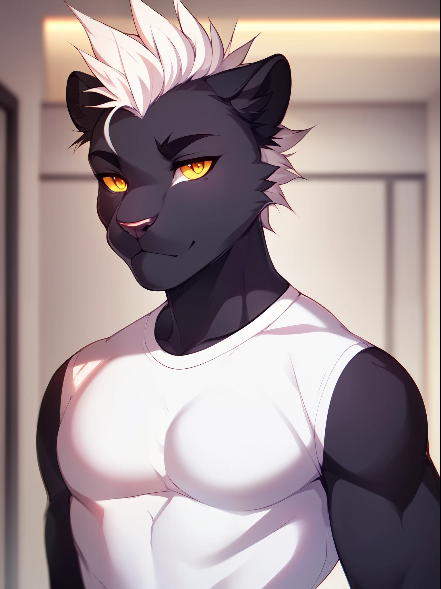 Solo, male, a cute grey anthro furry panther boy, a single panther tail, muscular, white spiky faux hawk hair, yellow eyes, by fumiko, by hyattlen, by zackary911, indoors, tight white shirt, standing, close up, portrait, buff