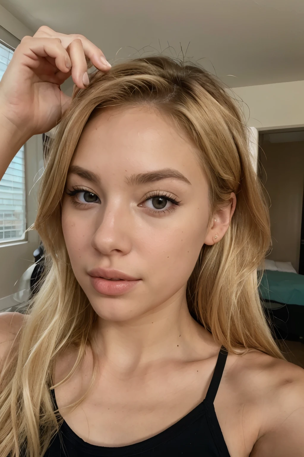 Corinna Kopf brown eyes with blond hairs selfie mouth closed