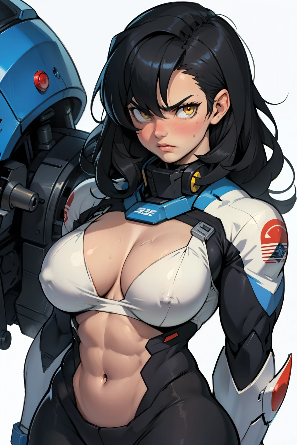 (((muscular girl thick large breasts toned body))) angry blush girl black hair yellow eyes pale skin mecha mecha mecha mecha mecha mecha