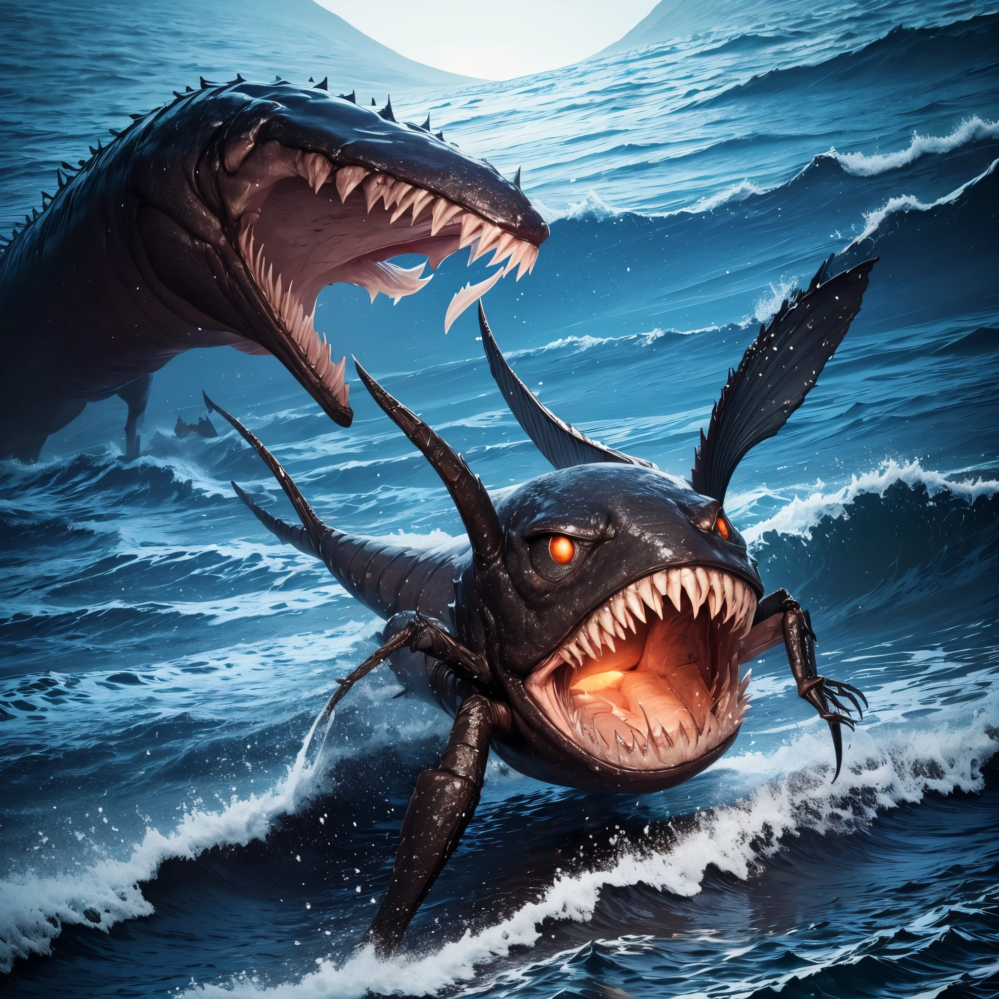 (best quality,highres,realistic),creepy creature, fish-like body, bug eyes, huge mouth with jagged teeth, spider legs, prowling the beach at night, hunting for food, eerie atmosphere, moonlit scene, dark shadows, sinister presence, surreal creature, grotesque features, detailed scales and fins, sharp and menacing teeth, glowing eyes, eerie moonlight casting haunting shadows, mysterious and unknown creature, beach setting, quiet and still night, waves crashing on the shore, horror ambiance