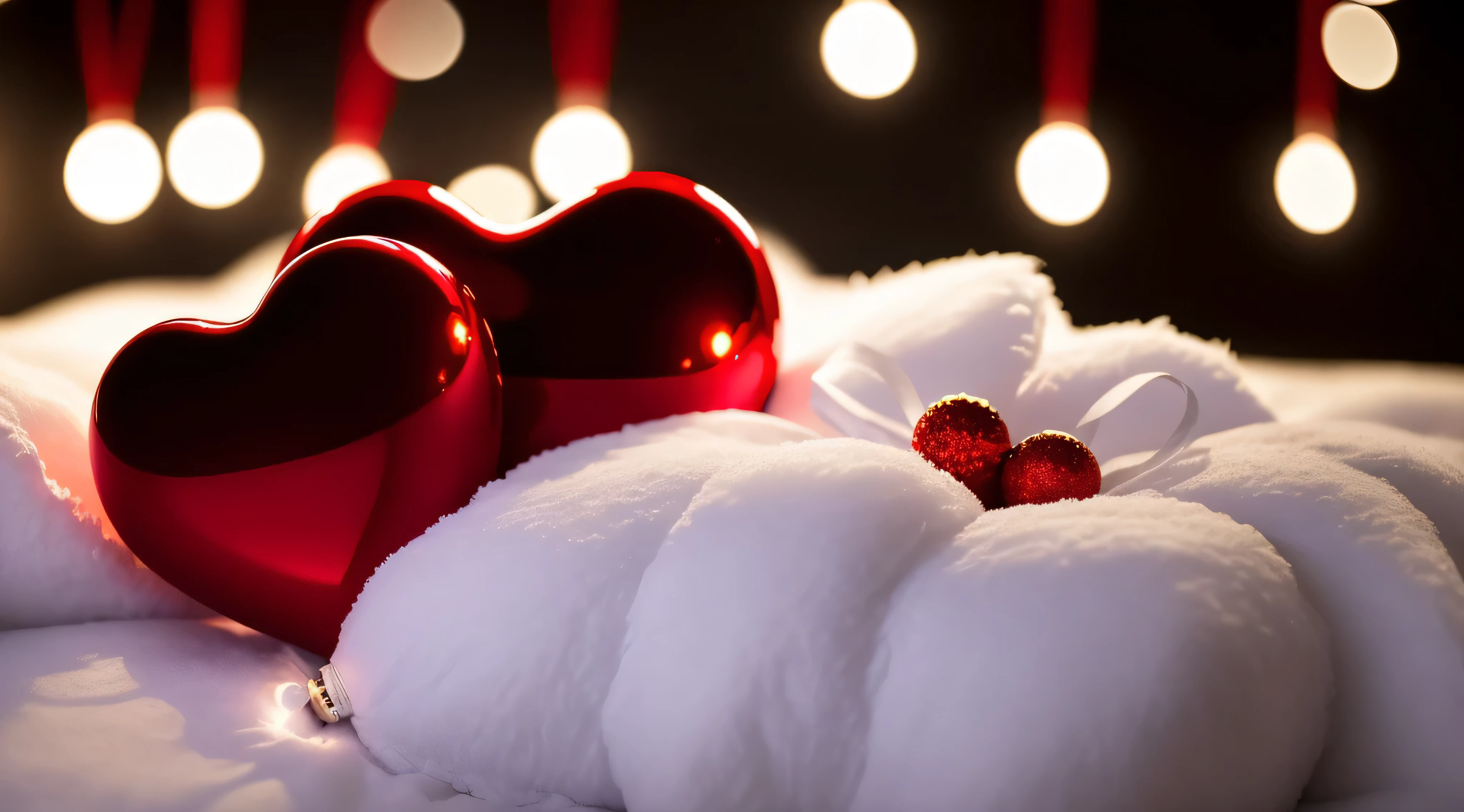 here is a big red heart on a white fluffy blanket, beautifully soft lit, lovely and cute, lovely bokeh, christmas night, bokeh ), soft warm light, emitting light ornaments, romantic light, beautiful glowing lights, good lighted photo, warm beautiful scene, beautiful soft lighting, winter setting, beautiful soft light, soft red lights, red hearts, beautiful lit