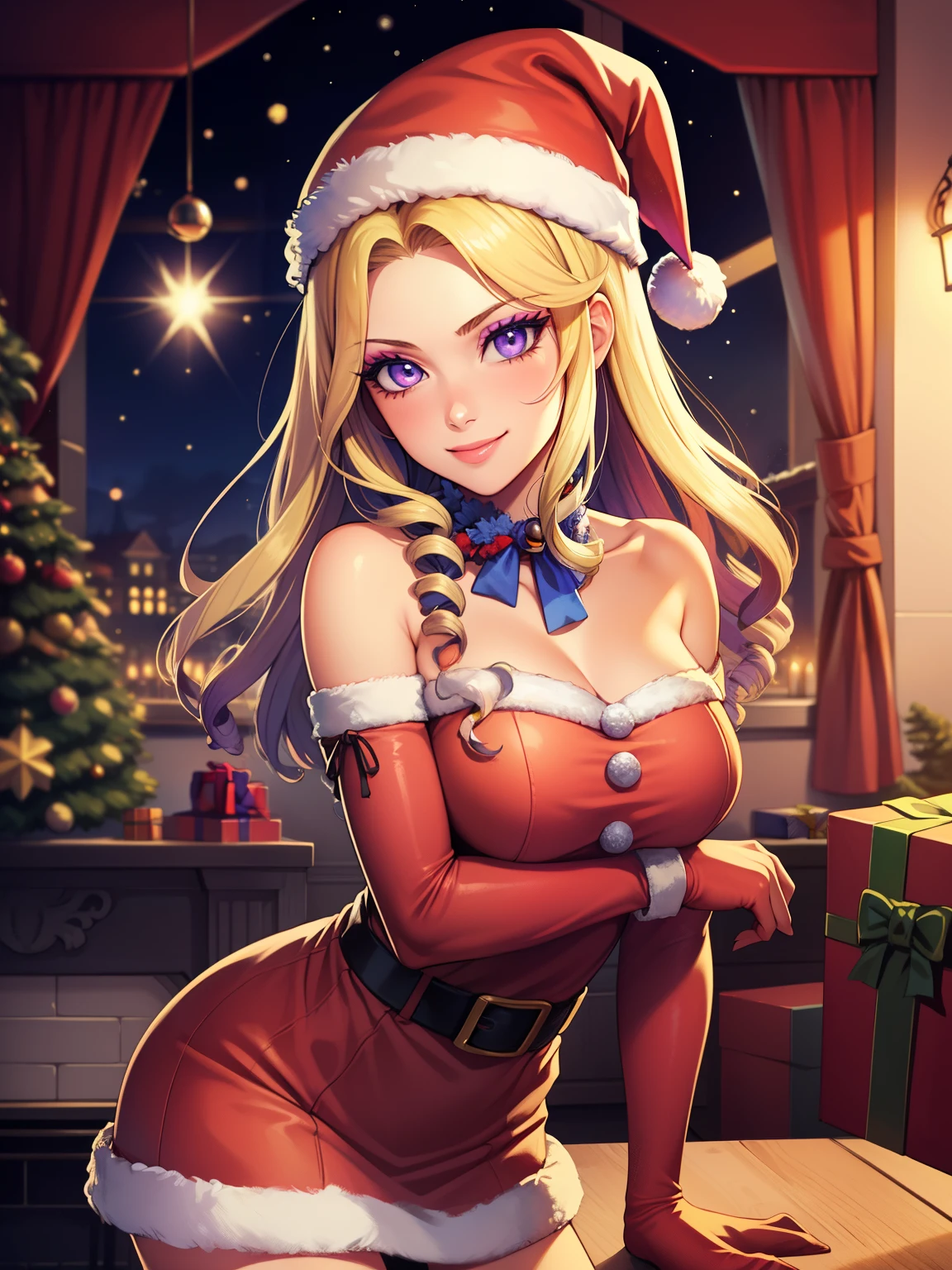 1girl, solo, masterpiece, best quality, high res, highly detailed, (illustration), beautiful detailed eyes, constance_timeskip, purple eyes ,glossy lips, makeup, smile, long white elbow gloves, cowboy shot, (santa), red santa dress, santa hat, strapless dress, indoors