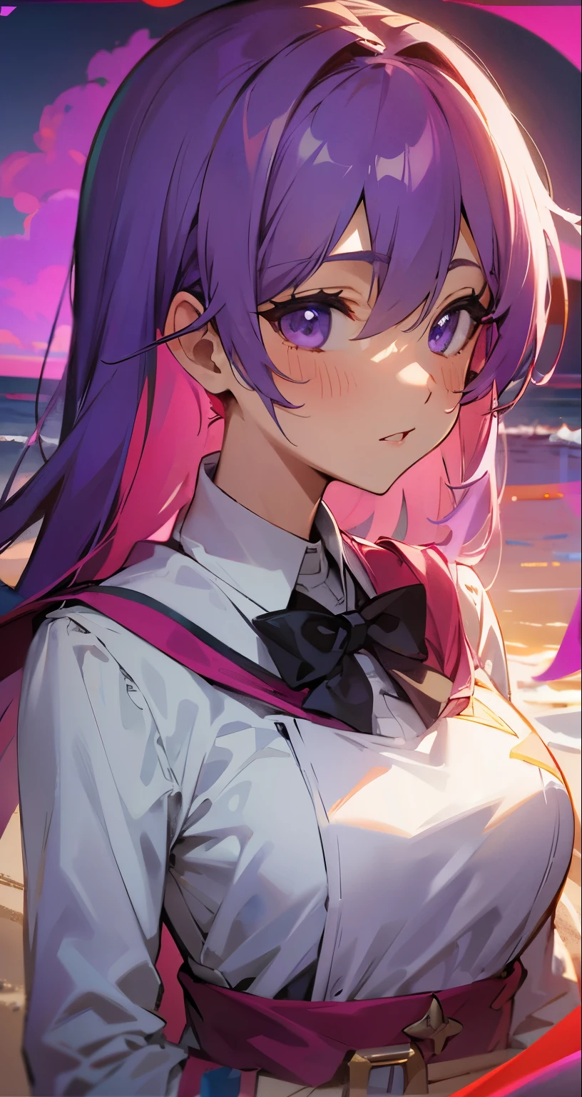 purple hair purple eyes,8K分辨率,sandbeach,beachside,the sunset