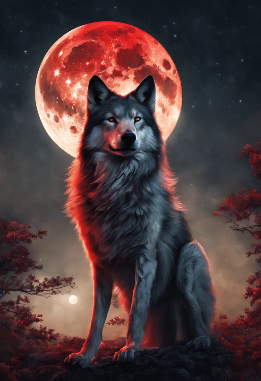LOBO EM UM PENHASCO COM UMA LUA CHEIA VERMELHA IMENSA ATRAS