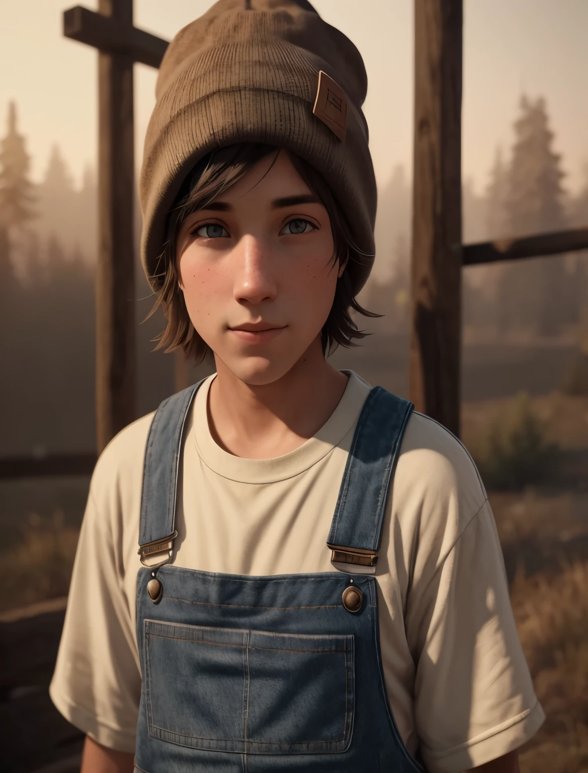 White 1800s older boy in overalls and a beanie standing in front of a wooden structure, small character. unreal engine 5, matte painting portrait shot, 8k portrait render, rendered in unreal engine 5, rendered unreal engine 5, arnold maya render, made in unreal engine 5, cinematic realistic portrait, unreal engine 5 quality render, unreal engine 5 highly rendered