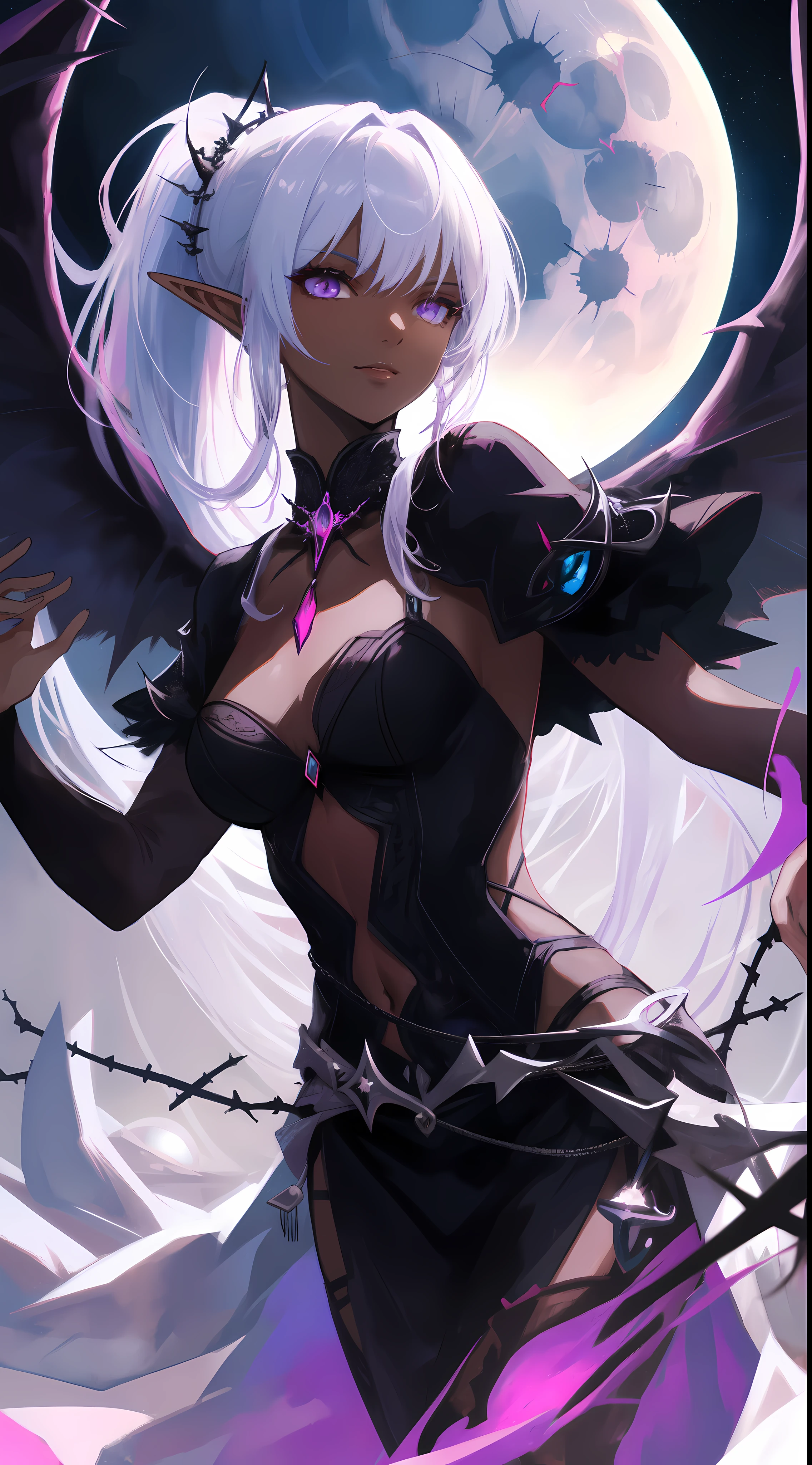 ((masterpiece, best quality)), official art, unity 8k wallpaper, ultra detailed, Amazing dark elf, Dark Angel, mystical aura, ((Obsidian black wings)), flowinggown, deep Purple, Motifs inspired by the occult, ((Crown of thorns)), Poisonous nightshade, balls of fire, Dynamic pose, Darkness shrouded, High detail resolution, r1ge, Crazy nothingness, Glowing eyes, Multiple eyes, Horror (Theme), design by Yoshitaka Amano, BREAK, highly detailed of (dark elf), (1girl), solo, perfect face, details eye, ponytail, Blunt bangs, (hair between eye), white hair, violet eyes, fantasy art by Artgerm, by Kawacy, by Wadim kashin,BREAK, eyelashes, eyeshadow, pink eyeshadow, (dark skin:1.2), glaring, Mysterious smile, medium breast, BREAK, extremely detailed, dynamic angle, (( moonlight)), Mystic energy, Mysterious rituals, ((Dark atmosphere)),