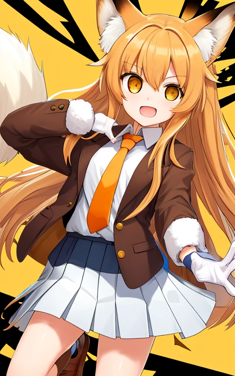ezo, 1girl, solo, animal ears, fox ears, long hair, fox tail, blonde hair, white pleated skirt, brown gloves, brown fur trim, white bowtie, yellow legwear, long sleeves, yellow necktie, white undershirt, hair between eyes, very long hair, fur-trimmed sleeves, fox girl, bangs, orange eyes, orange blazer, brown loafers, brown tipped ears, brown tail, kemono friends, ezo fox