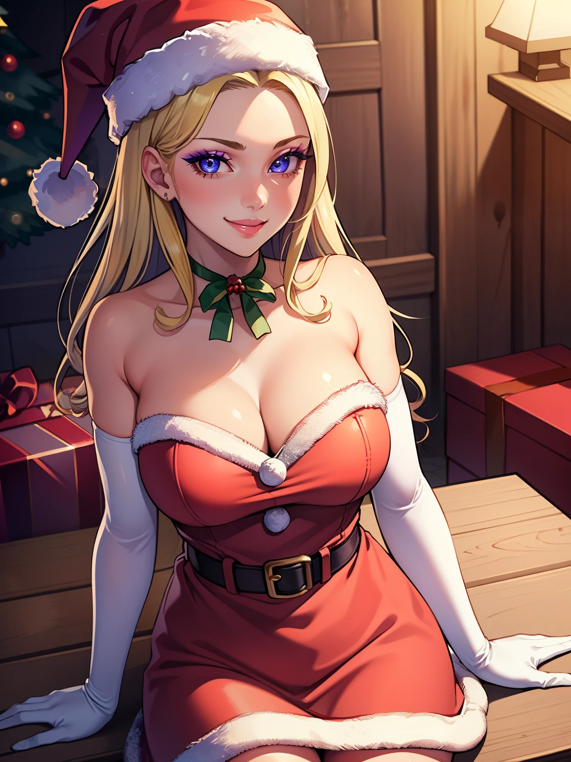 1girl, solo, masterpiece, best quality, high res, highly detailed, (illustration), beautiful detailed eyes, constance_timeskip, purple eyes ,glossy lips, makeup, smile, long white elbow gloves, cowboy shot, (santa), red santa dress, santa hat, strapless dress, indoors