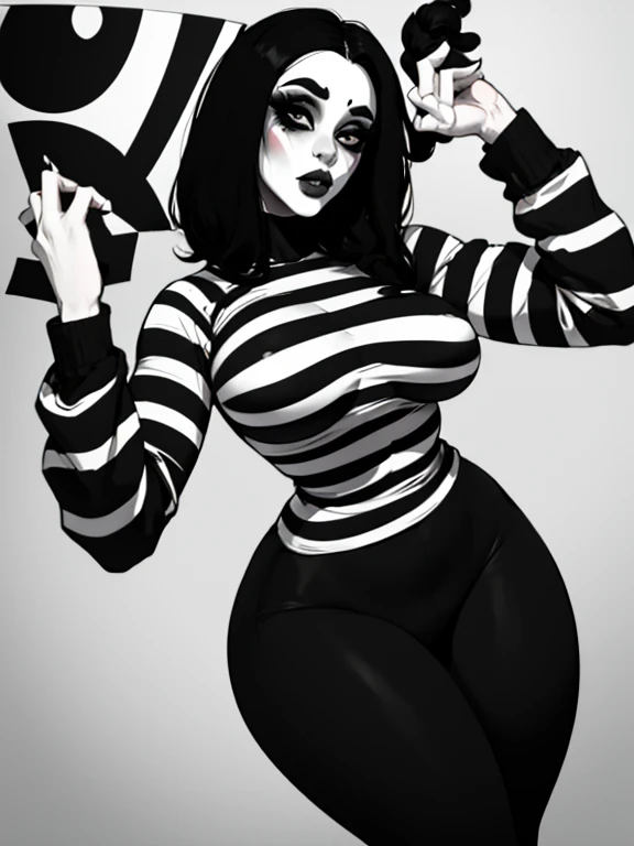 Mime girl , mime makeup , big breast , black and white strip top with long sleeves , leggings black , black hair