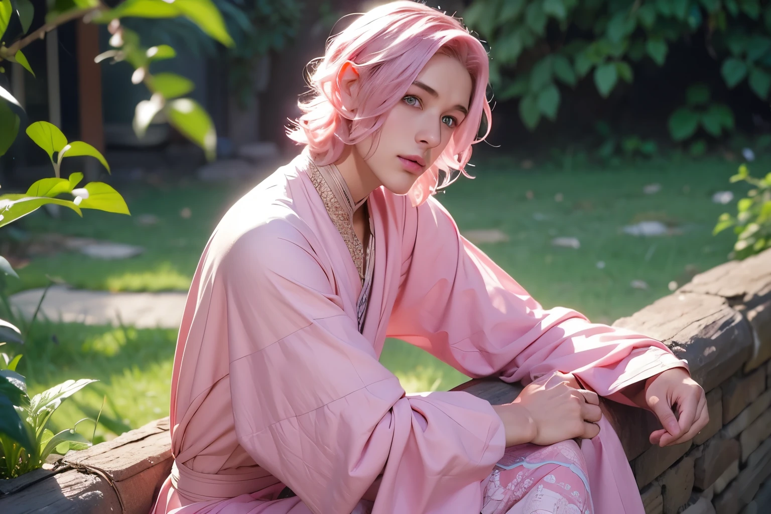 Man, male, young, boy, pink hair, short wavy hair, blue eyes, elf, sitting, man, male