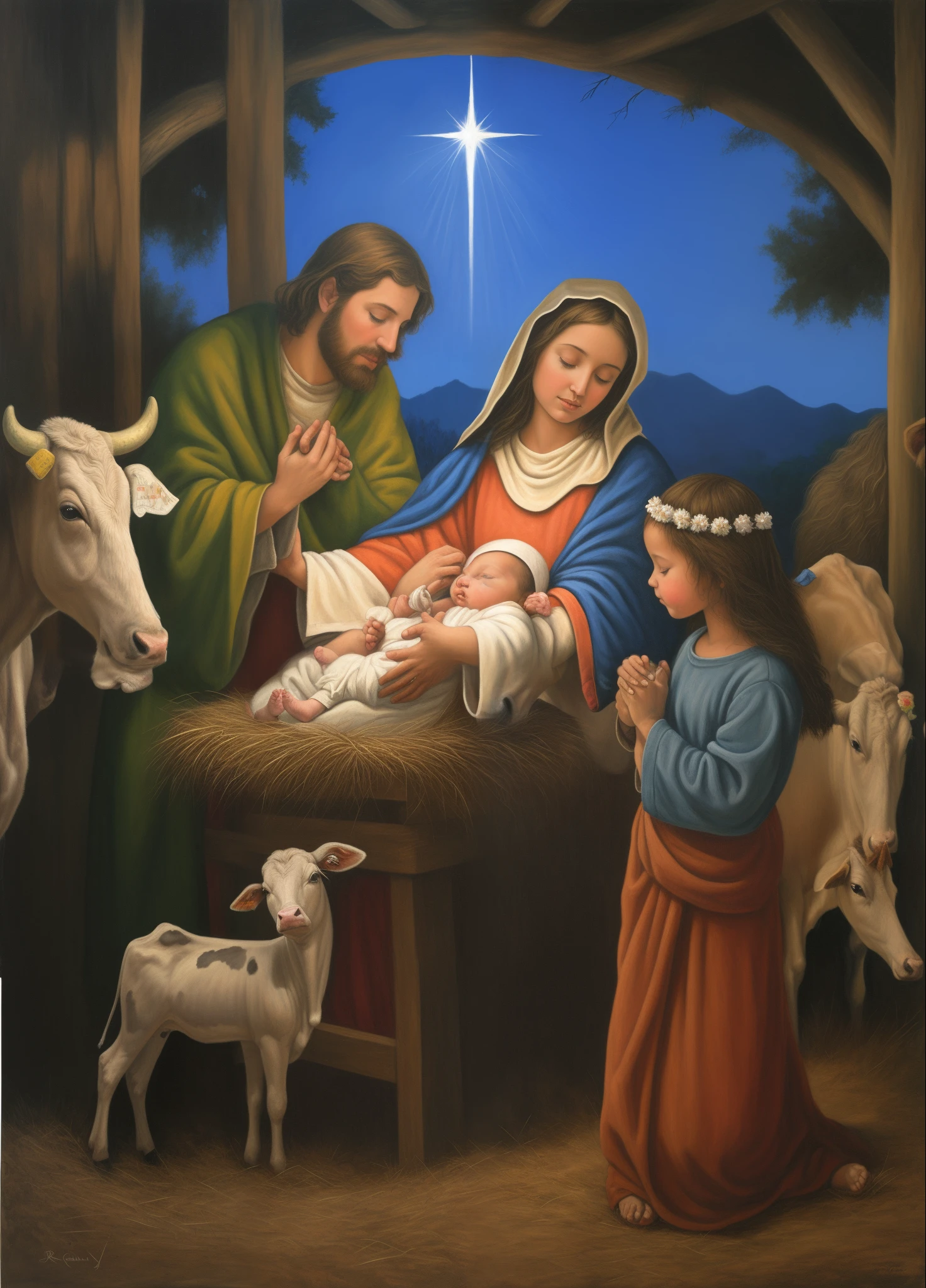 painting of a nativity scene with a baby jesus and a cow, with infant jesus, beautiful depiction, ( art fitzpatrick ), the birth, immaculately detailed, stock art, holy, three quarter view, artist unknown, by Robert Childress, catholic religious art, by mark keathley, by Scott Gustafson, by Juan O'Gorman, by Romano Vio