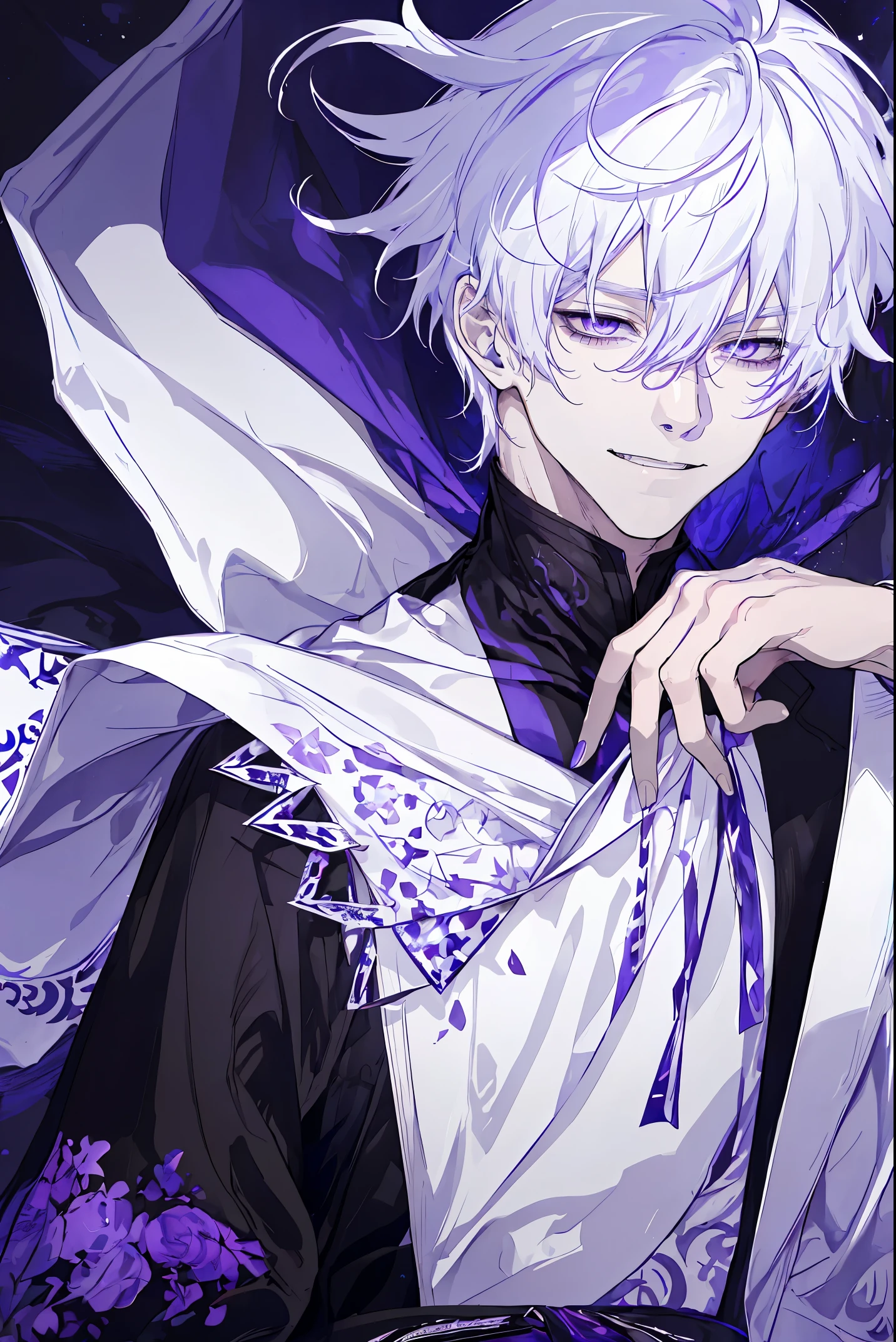 1guy、white haired、purple-white eyes、maniacal smile、Short Messy Hair、Portrait 、a handsome, black cloak, I can&#39;I can&#39;I can&#39;I can&#39;I can&#39;t see my hand