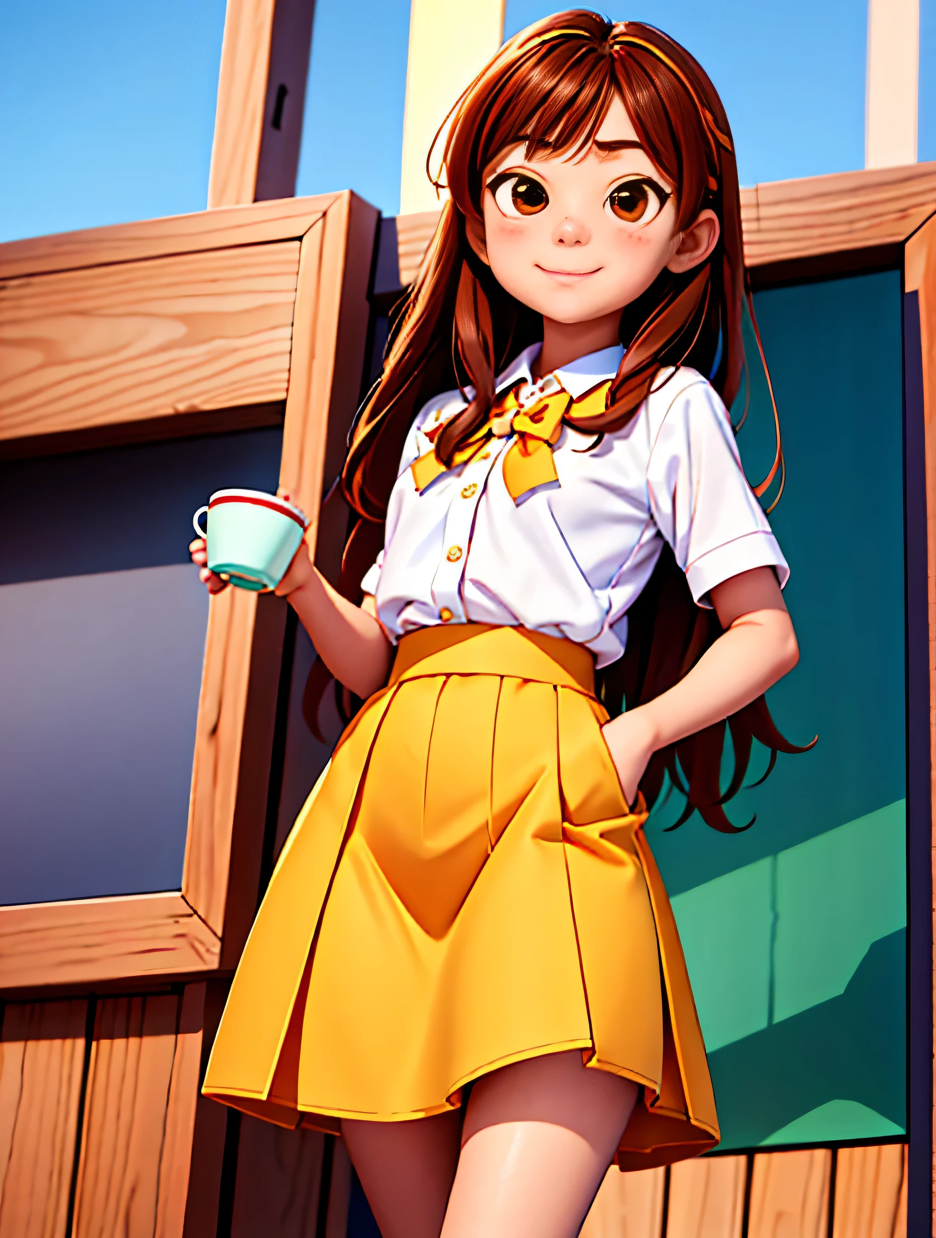 there is a young girl holding a cup of coffee in her hand, girl cute-fine-face, cute natural anime face, with cute - fine - face, sakimi chan, chiho, 奈良美智, young cute face, beautiful japanese girls face, brown hair and large eyes, cute kawaii girl, beautiful light big eyes