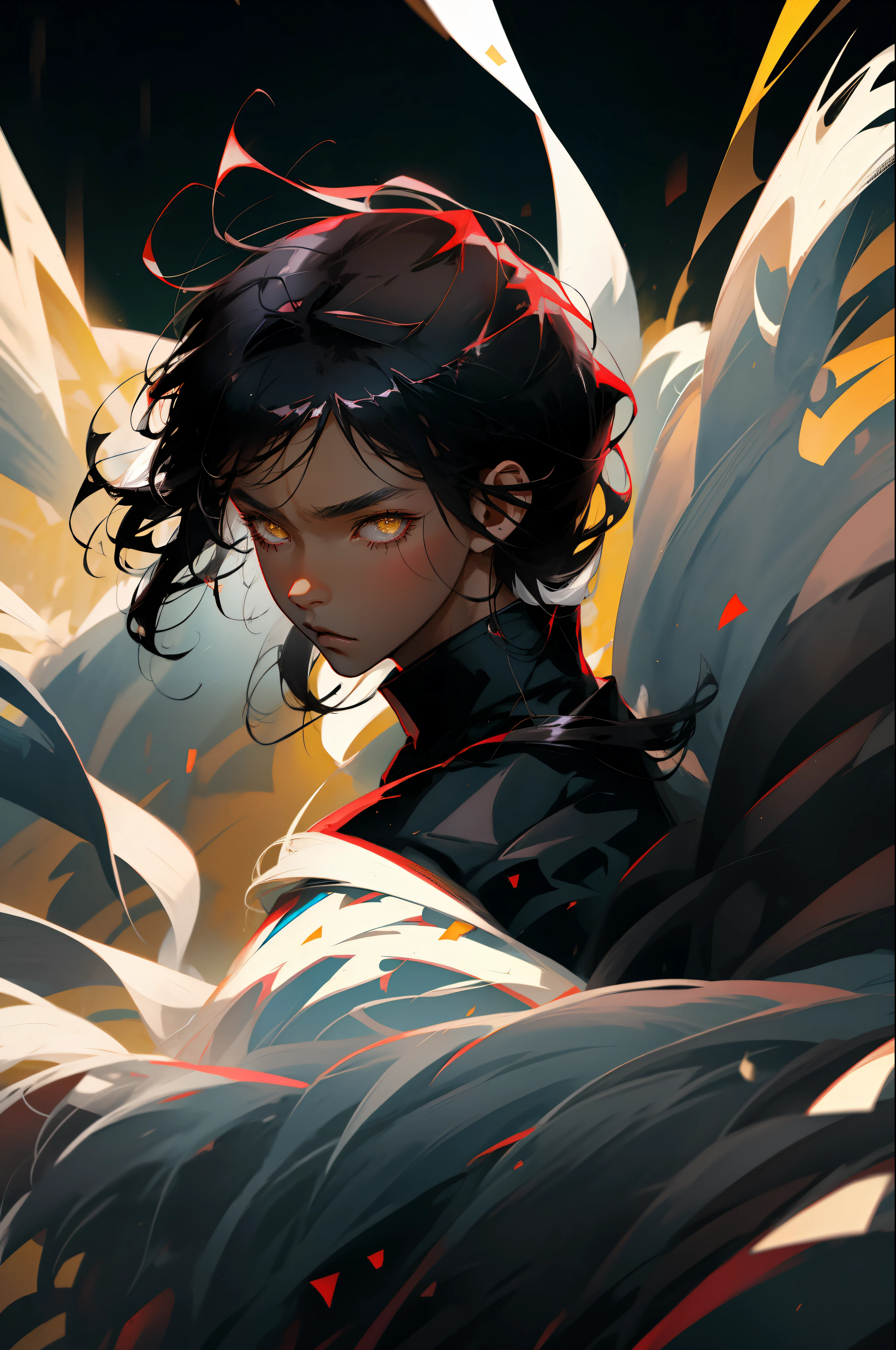 Anime,
boy black clothes black coat 1 black katana Black hair, fight, boy white hair ,yellow eyes ,covered in bandages, white clothes unarmed, dark warehouse, soft light, night