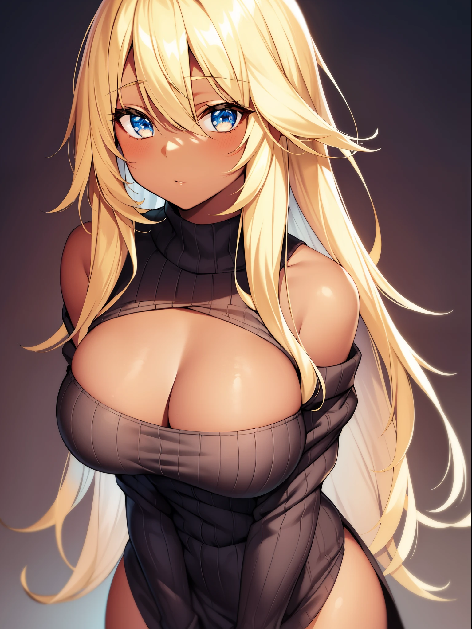 Beautiful girl with cute face, Blonde, shoulder-length hair, Dark skin, Sweaters, Big breasts, side breasts, Sexy