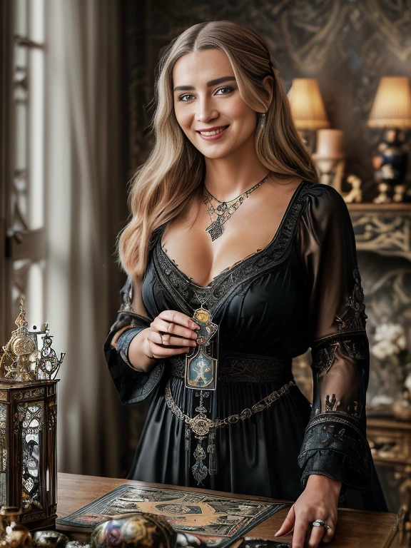 (Meisterwerk, high resolution, fotorealistisch: 1.4), (A mystic and magisch charming Tarot reader woman, Smileing, in a beautiful room full of tarot themed objects:1.3). Sie betrachtet die Karten auf dem Tisch. (Die Kamera Sony Alpha a7R IV ist gekonnt darin, diesen fesselnden Moment festzuhalten: 1.2), (kombiniert mit einem vielseitigen Sony FE 24-70mm f/2.8 Objektiv, So wird sichergestellt, that every detail is captured beautifully: 1.2) magisch (Stunning photo of a fascinating beauty, which shows her breathtaking beauty: 1.2), Intricately detailed background with bioglowing luminosity