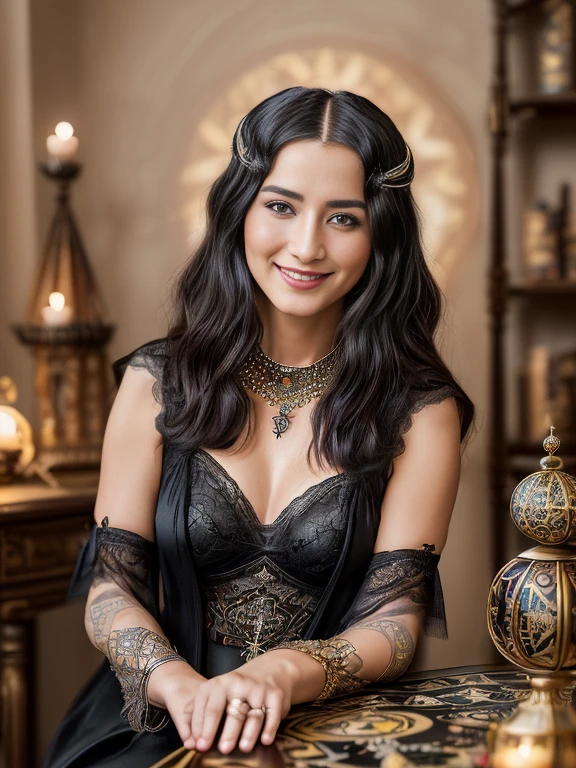 (Meisterwerk, high resolution, fotorealistisch: 1.4), (A mystic and magisch charming Tarot reader woman, Smileing, in a beautiful room full of tarot themed objects:1.3). Sie betrachtet die Karten auf dem Tisch. (Die Kamera Sony Alpha a7R IV ist gekonnt darin, diesen fesselnden Moment festzuhalten: 1.2), (kombiniert mit einem vielseitigen Sony FE 24-70mm f/2.8 Objektiv, So wird sichergestellt, that every detail is captured beautifully: 1.2) magisch (Stunning photo of a fascinating beauty, which shows her breathtaking beauty: 1.2), Intricately detailed background with bioglowing luminosity