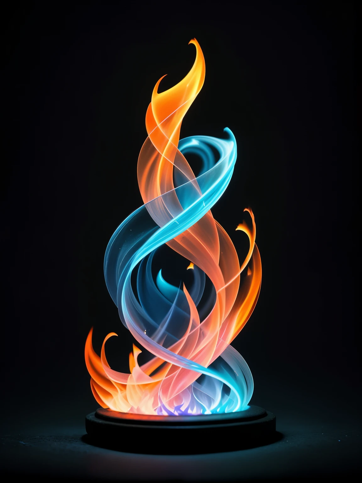 a close up of a colorful fire on a black surface, orange fire/blue  duality!, plasticized spiral flames, swirling flames, glass flame, colorful fire, holy flame spell, amazing fire art, flame vortex, fire powers fire swirling, flame spell, holy fire spell art, fire and water, fire and flame, flame fractal