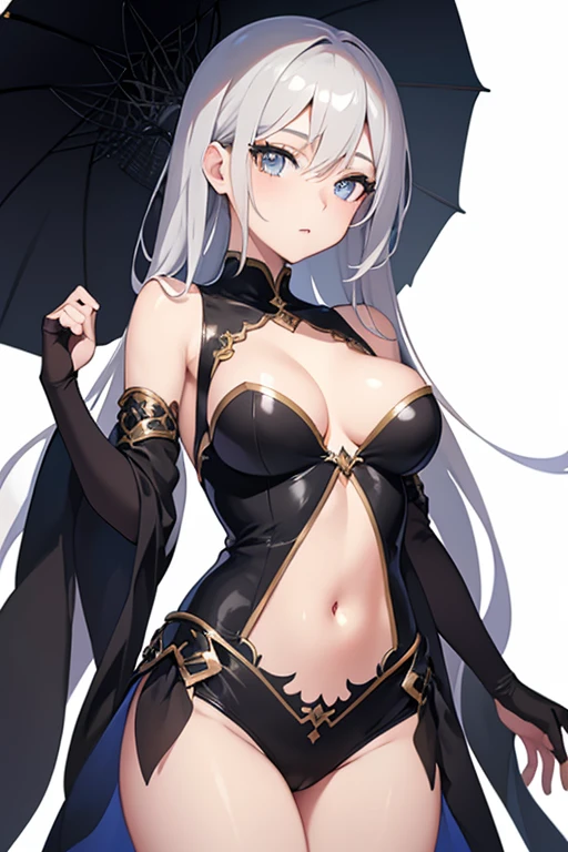1girl, anime, cute girl, blank background, white background, fantasy, detailed dark fantasy dress with highlights, beautiful face, beautiful eyes, dark colors, silver hair, slightly small breasts, slight cleavage, beautiful skin, cute, breast curtains, extremely delicate and beautiful, (beautiful detailed face:1.0), (detailed deep eyes), symmetrical breasts, deep eyes, shiny skin, portrait, slender waist, hips wider than shoulders, thighs, young girl, expressionless