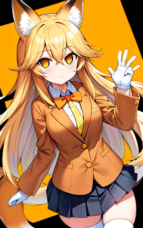 ezo, 1girl, solo, animal ears, fox ears, long hair, fox tail, blonde hair, white pleated skirt, brown gloves, brown fur trim, white bowtie, yellow legwear, long sleeves, yellow necktie, white undershirt, hair between eyes, very long hair, fur-trimmed sleeves, fox girl, bangs, orange eyes, orange blazer, brown loafers, brown tipped ears, brown tail, Ezo red fox (kemono friends), Kemono friends, Ezo fox