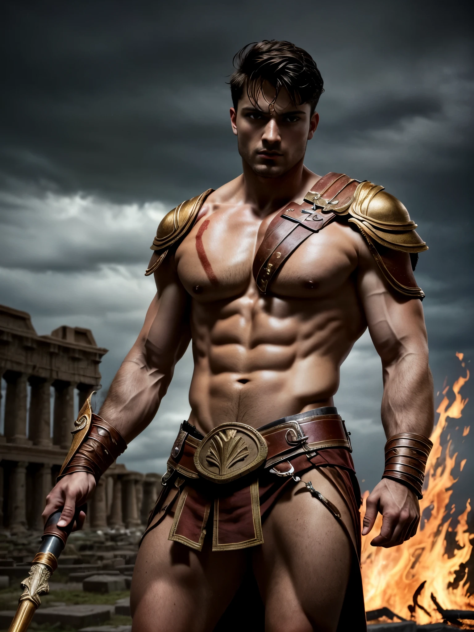 ((masterpiece)),((best quality)),8k, high detailed, ultra-detailed, Stylish Pose, real skin texture, cinematic lighting, full body shot, 35 mm lens, masculine, 26-year-old Italian male model, handsome Roman, he is the god of war, he is Ares, Mars, evil-looking, strong look, light blue eyes, strong jawline, dressed as a gladiator, ancient gladiator, male gladiator skirt, shaved face, short wavy hair, dark brown, shirtless, top naked, smoke, fire, open field, battle, background, blood on his chest, , , flawless skin, high detail, destroyed ancient Rome, ancient army in the background, dark cloudy night,,,,,