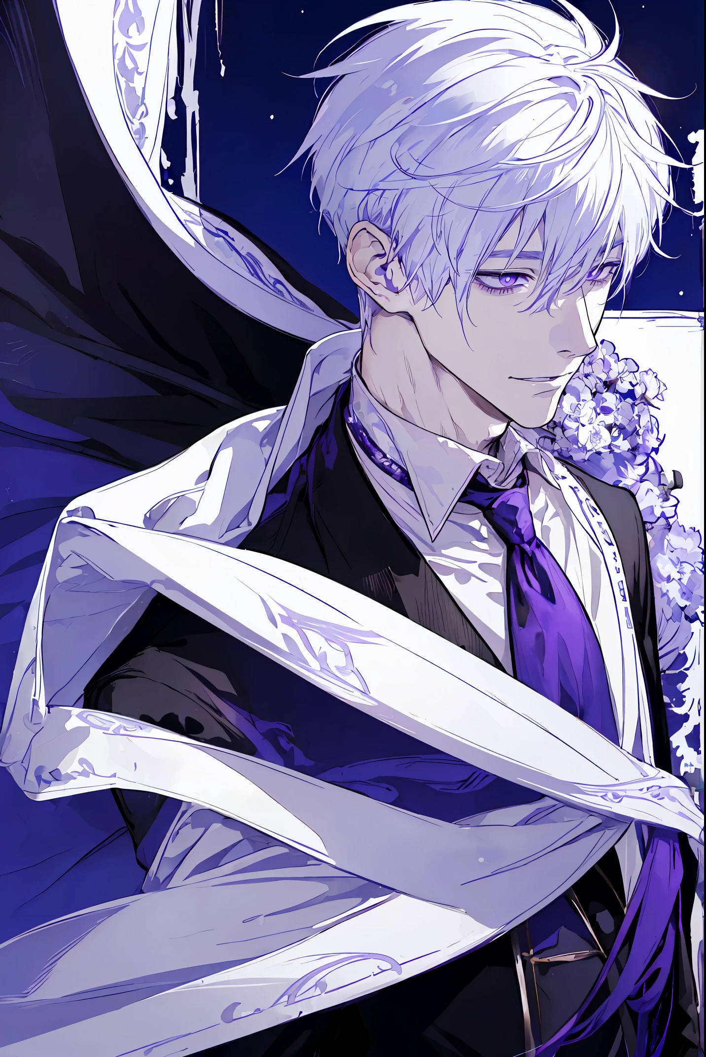 1guy、white haired、purple-white eyes、maniacal smile、Short Messy Hair、Portrait 、a handsome, black cloak, I can'I can'I can'I can'I can'I can't see my hand