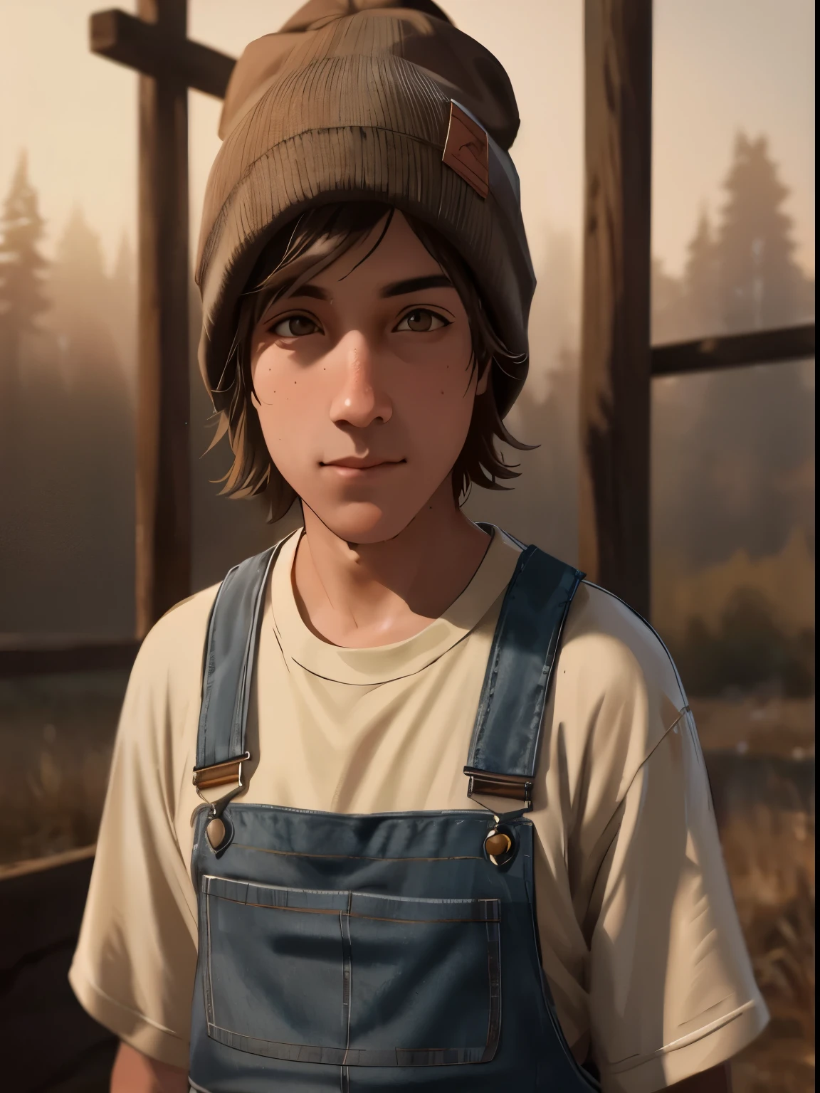 White 1800s older boy in brown overalls and a beanie standing in front of a wooden structure, small character. unreal engine 5, matte painting portrait shot, 8k portrait render, rendered in unreal engine 5, rendered unreal engine 5, arnold maya render, made in unreal engine 5, cinematic realistic portrait, unreal engine 5 quality render, unreal engine 5 highly rendered