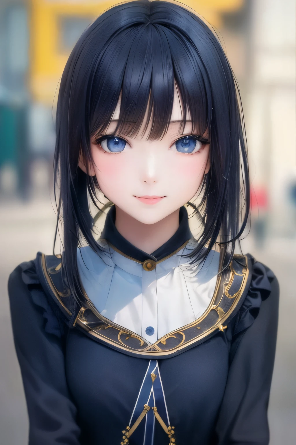 fashion style、​masterpiece、top-quality、8K、art  stations、Sharp Focus、(surrealistic:1.5)、(high detal:1.4)、raw photo of young woman、street smiling、poneyTail、faded、complex surroundings、the complex background、soaked、(cinematic:1.4)、