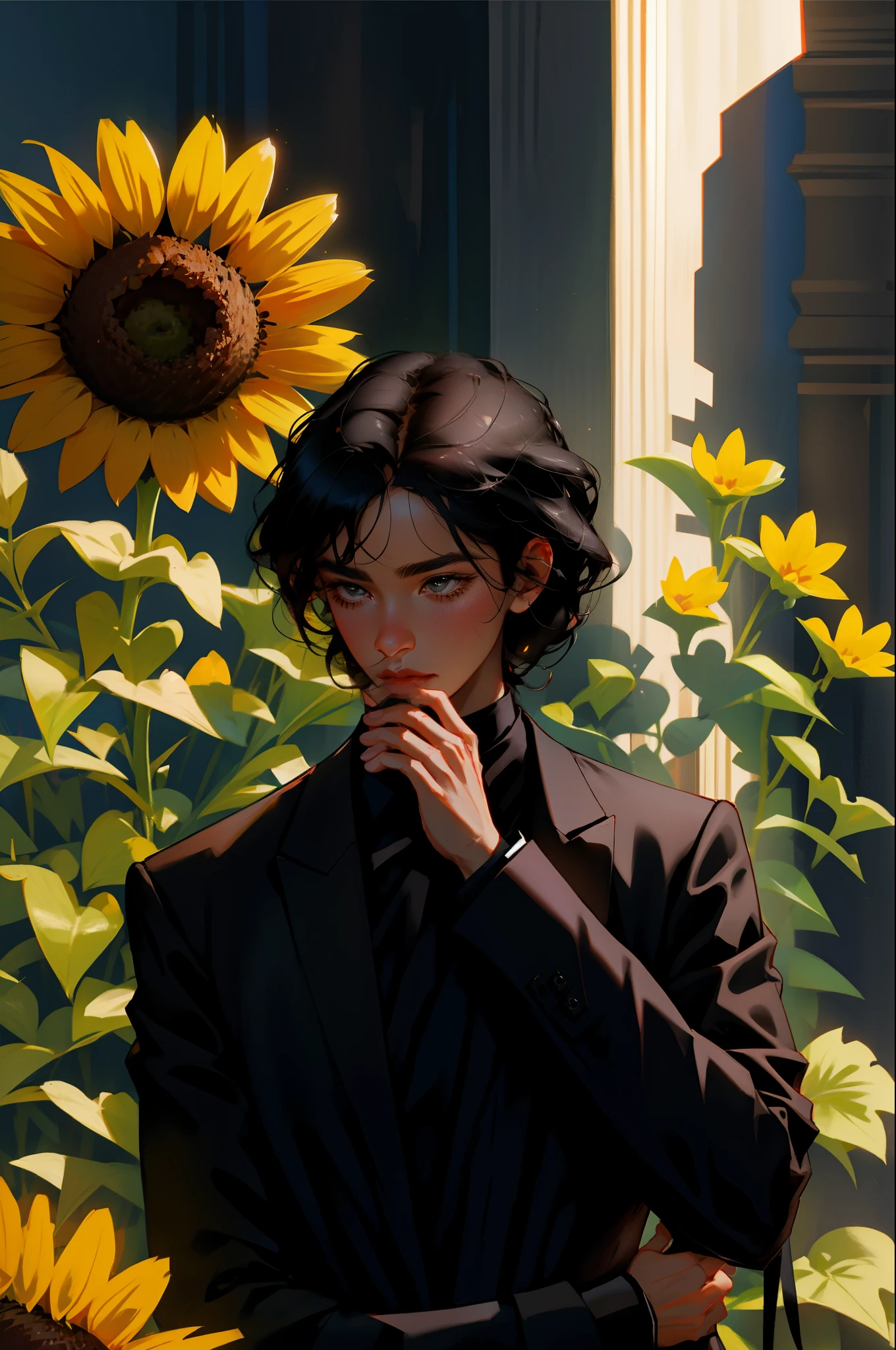 1man, black hair, black suit, holding a sunflower to his face and kissing it.