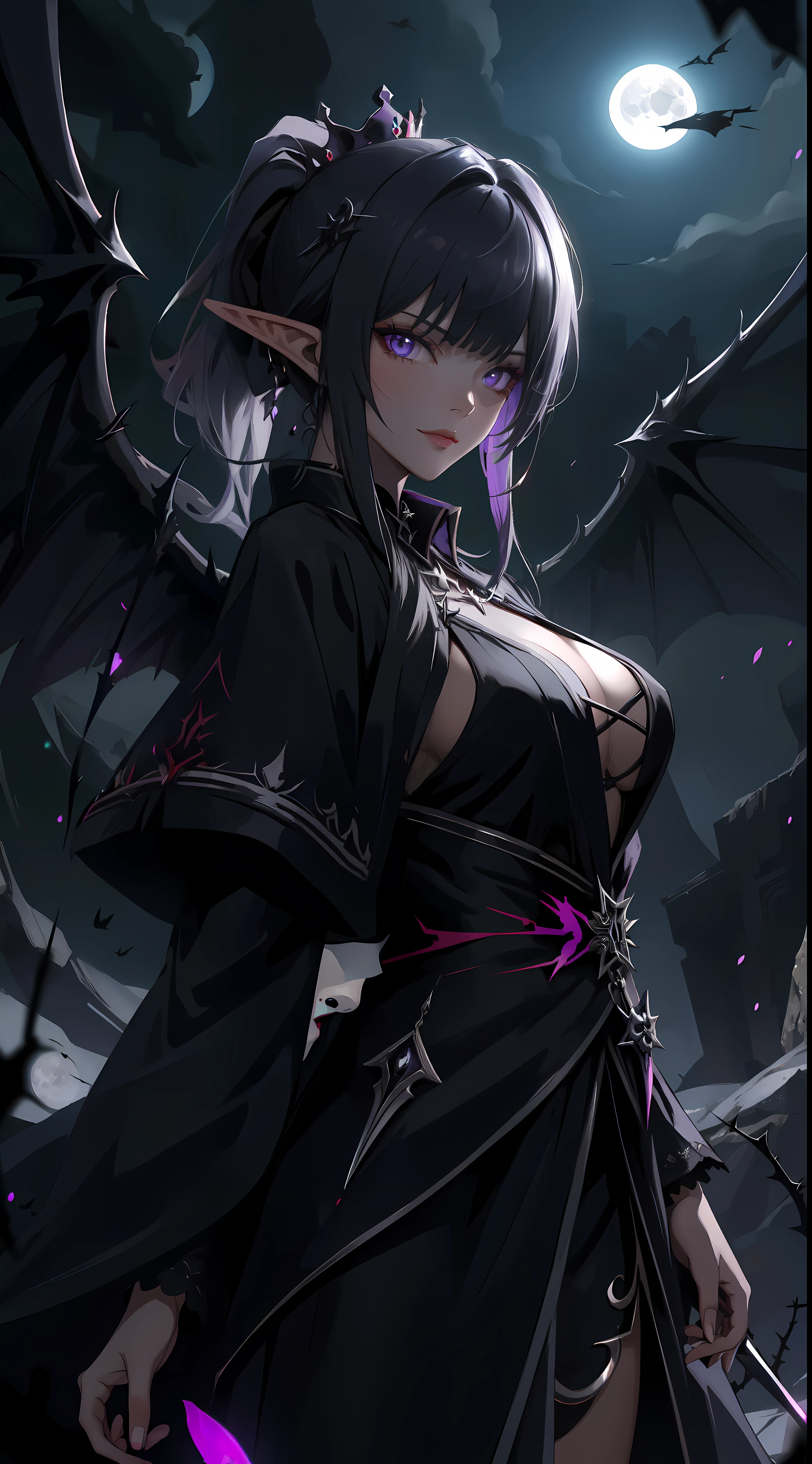 A beautiful young succubus, flat chest, ***ite, skinny, teen, pale skin, black hair, wings, horns, glowing staff