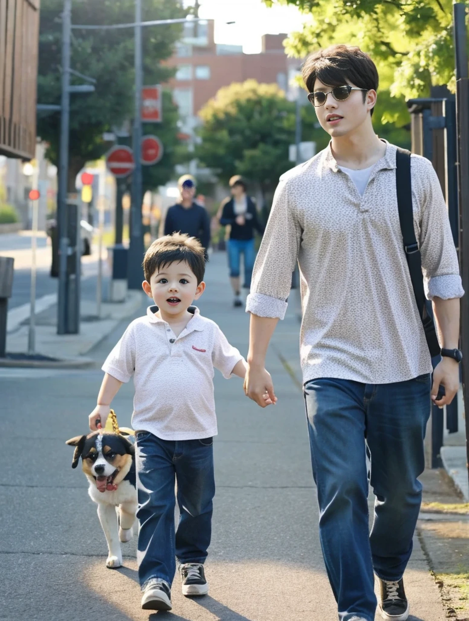 A beautiful sunny day and a baby walking his dog.. The baby is very real cinematic image. The child's parents come right behind them.