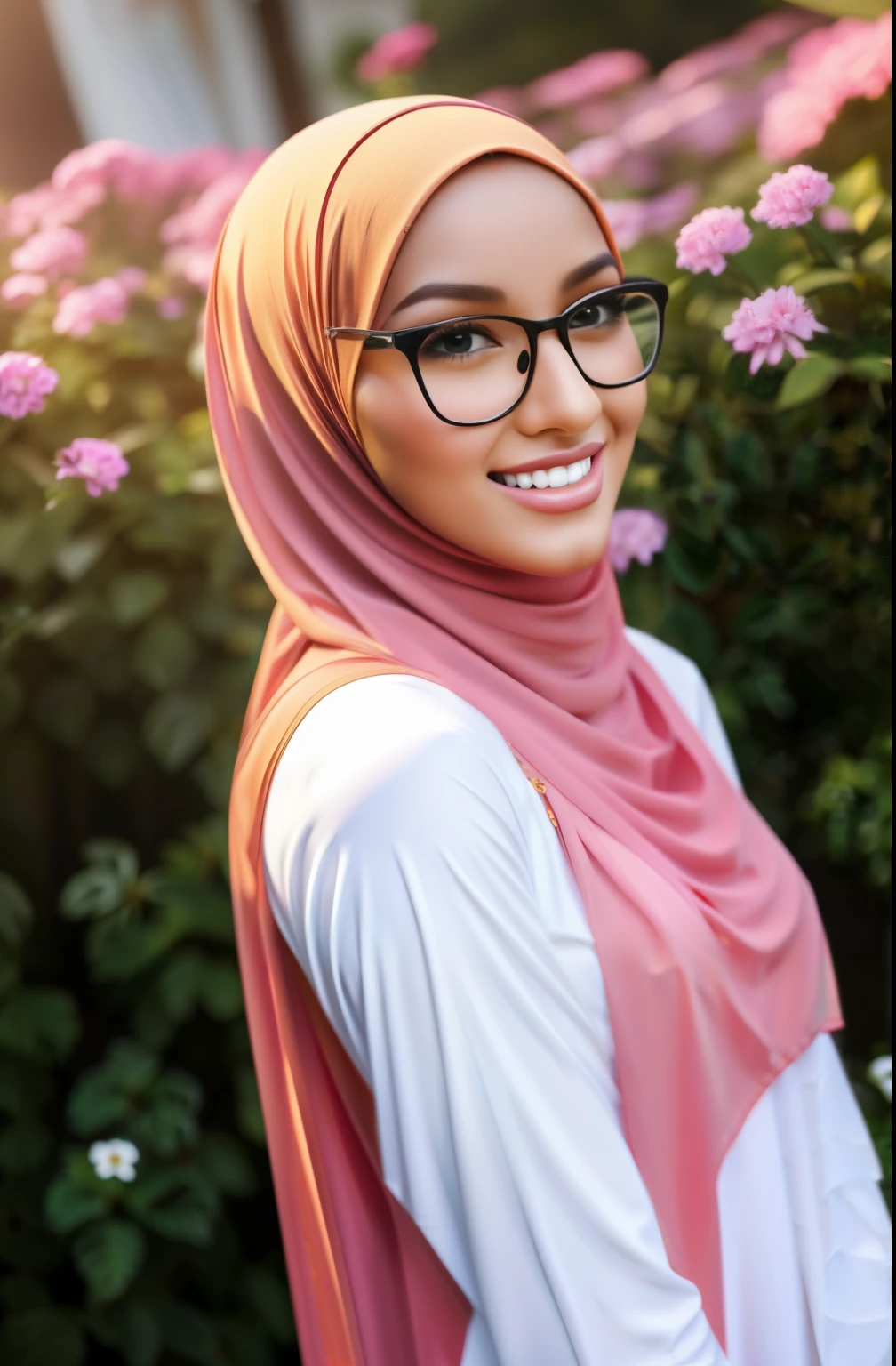 ultra realistic,16k, enhanced quality, perfect face, perfect hands, perfect body, ultra detailed, perfect hair, girl wearing glasses, perfect glasses, perfect smile, perfect legs, perfect feets, ultra realistic, ultra realistic background, full body shot, posing for photo in flower garden, girl wearing perfect hijab,full body shooting, ultra realistic particles, perfect duck lips, full body shooting, Islamic hijab,