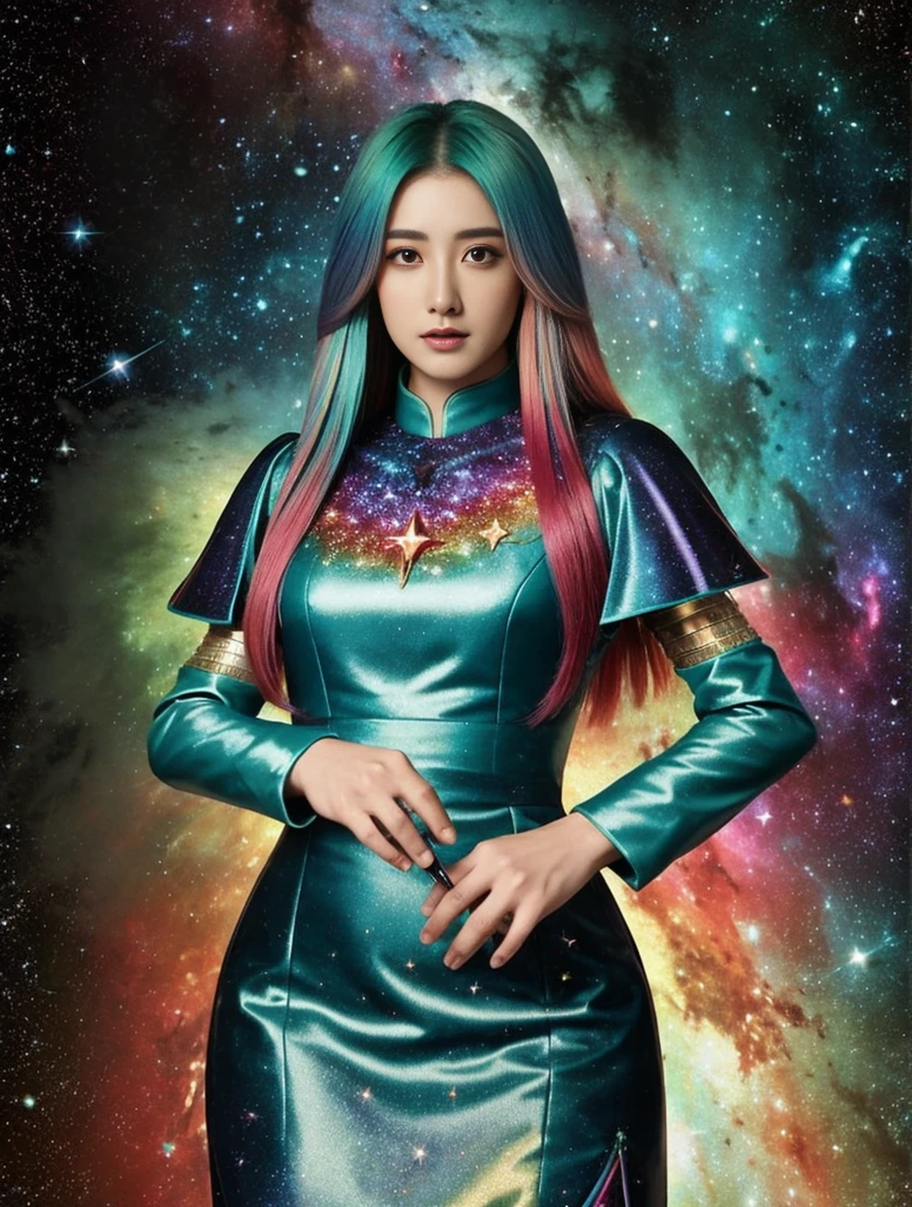 women with rainbow colored hair and detailed teal dress armor, standing, rainbow colored cosmic nebula background, stars, galaxies, intricate details, perfect face