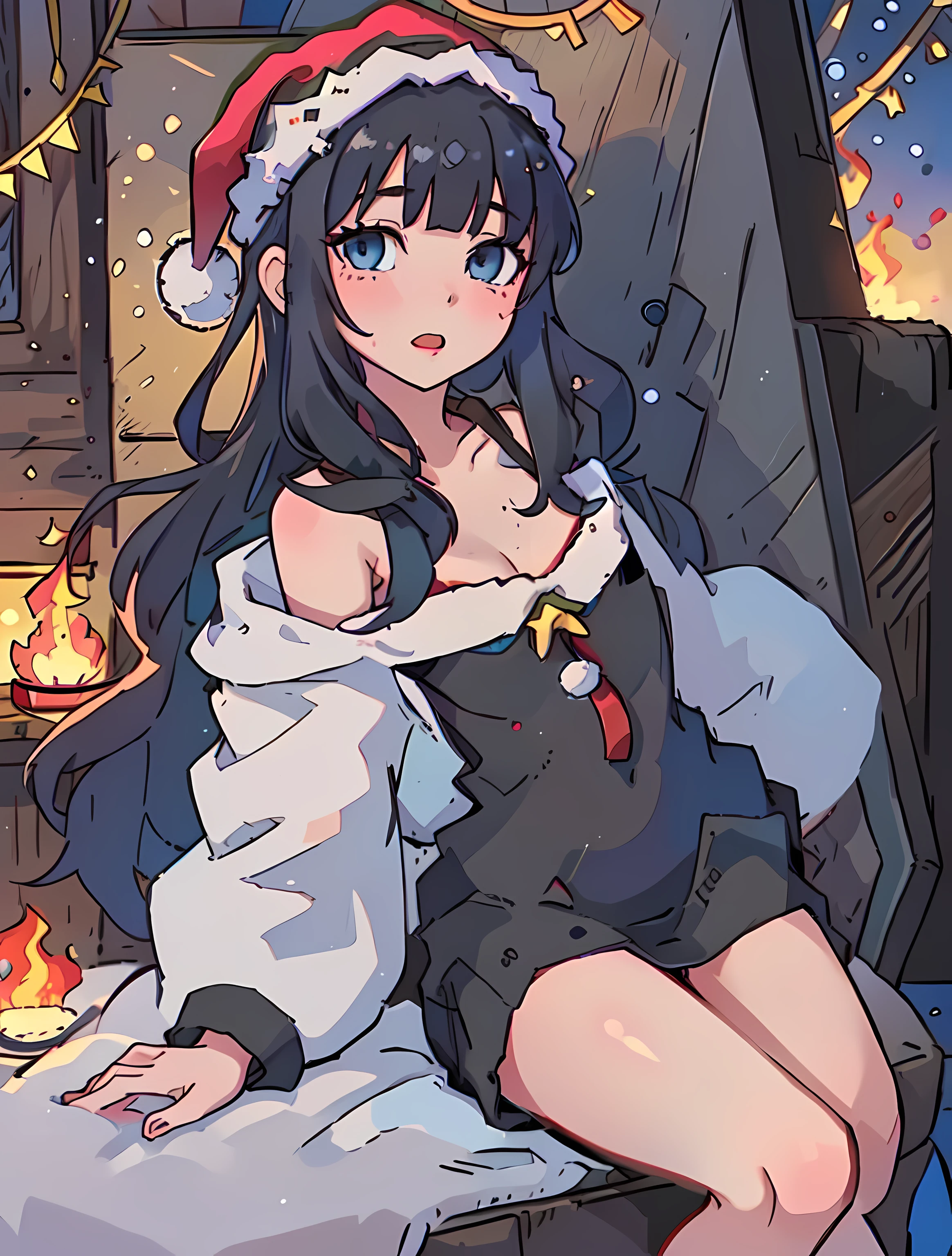 The focus is on a girl with medium-long black hair。
The drawing center is located in a log cabin，Capture girl sitting on chair。Depicting the interior of the cabin，Emphasis on the warmth of the surrounding fire。
Draw the details of the cabin，Make the picture more realistic and emphasize the girl&#39;blue colored eyes，Capture her expression in the cabin。
Describes her wearing a Santa hat，Highlight the festive spirit。dressed in性感红色圣诞礼服的女孩的描绘，Highlight the sense of festival。
Emphasis on her Santa hat&#39;dressed in，Fill the picture with a joyful and festive atmosphere。