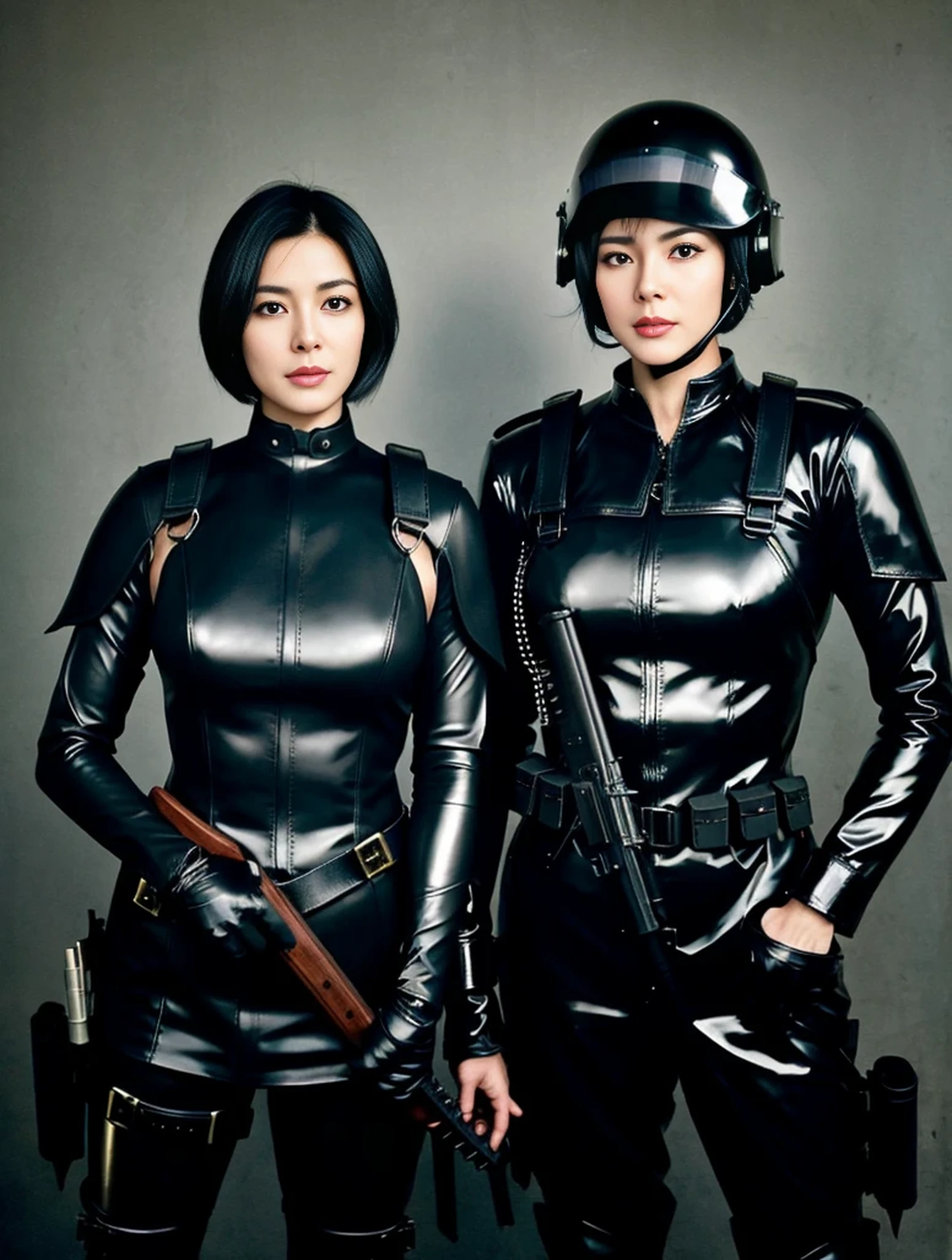Extremely detailed, very realistic, very sharp, hyperrealistc, hyper realistic, best quality, weapon, standing, glossy, holster, adult long face, 50 age, sharp jaw, face visible, very short hair, face, adult face, long face, rough face, helmet, no skin, military pose, helmet, holster, harness, black latex dieselpunk police, plated, heavy pauldrons, in line, men